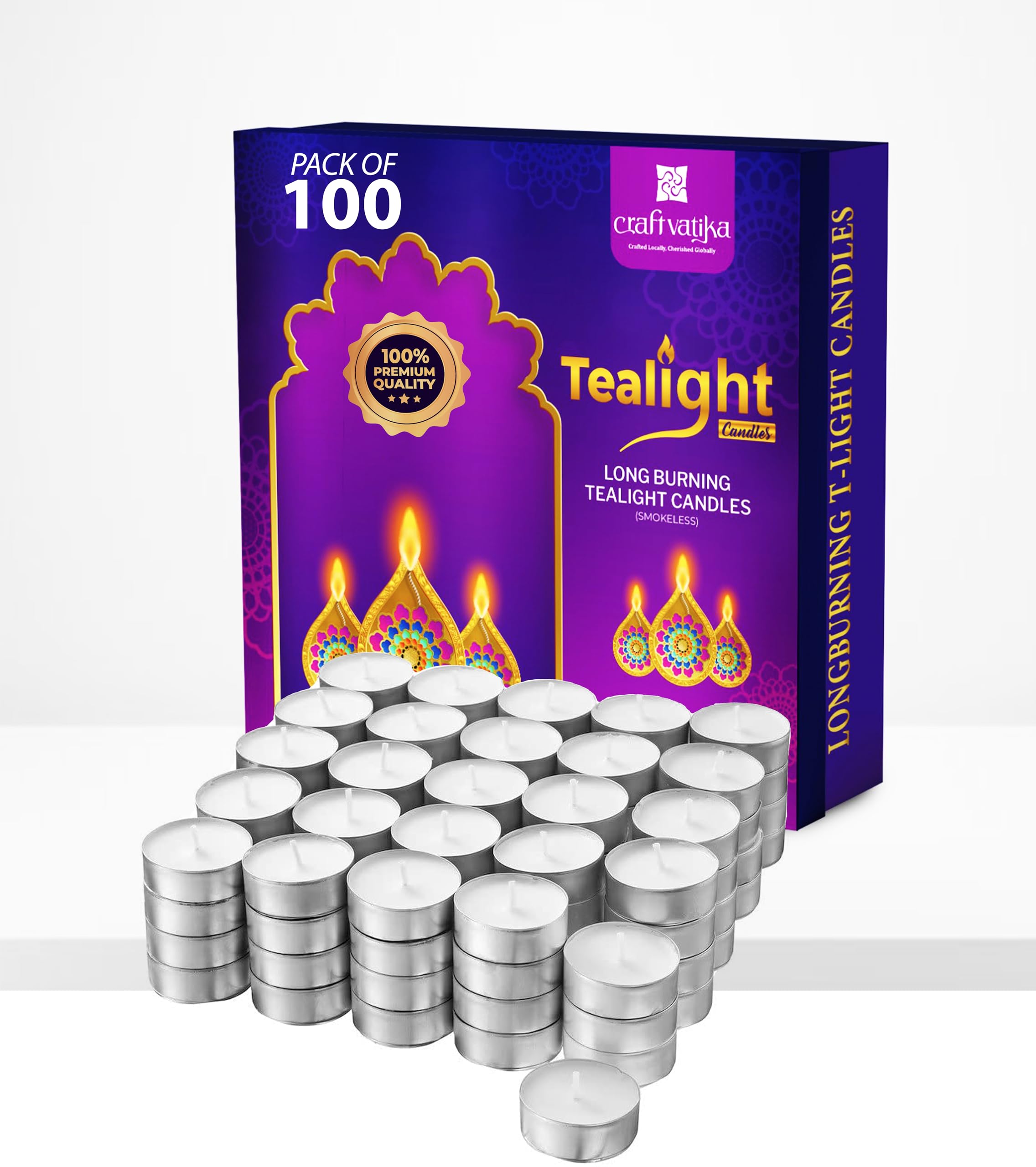 CraftVatika 3 Hour Burn Wax Tealight Candles Set of 100 for Diwali Decoration Item, Diwali Decoration Gift Items for Home Decor, Wax Tea Light Candles for All Festival - Unscented