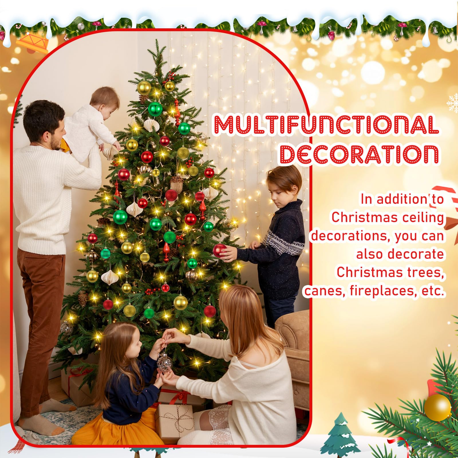 Halloscume Weihnachts-Lichterkette für Flure, Deckenleuchten, Dekorationen, 19,8 m, LED-Lichterkette mit Fernbedienung, 63 Weihnachtskugeln, Ornamente, DIY, Urlaub, Party, Veranda-Dekoration