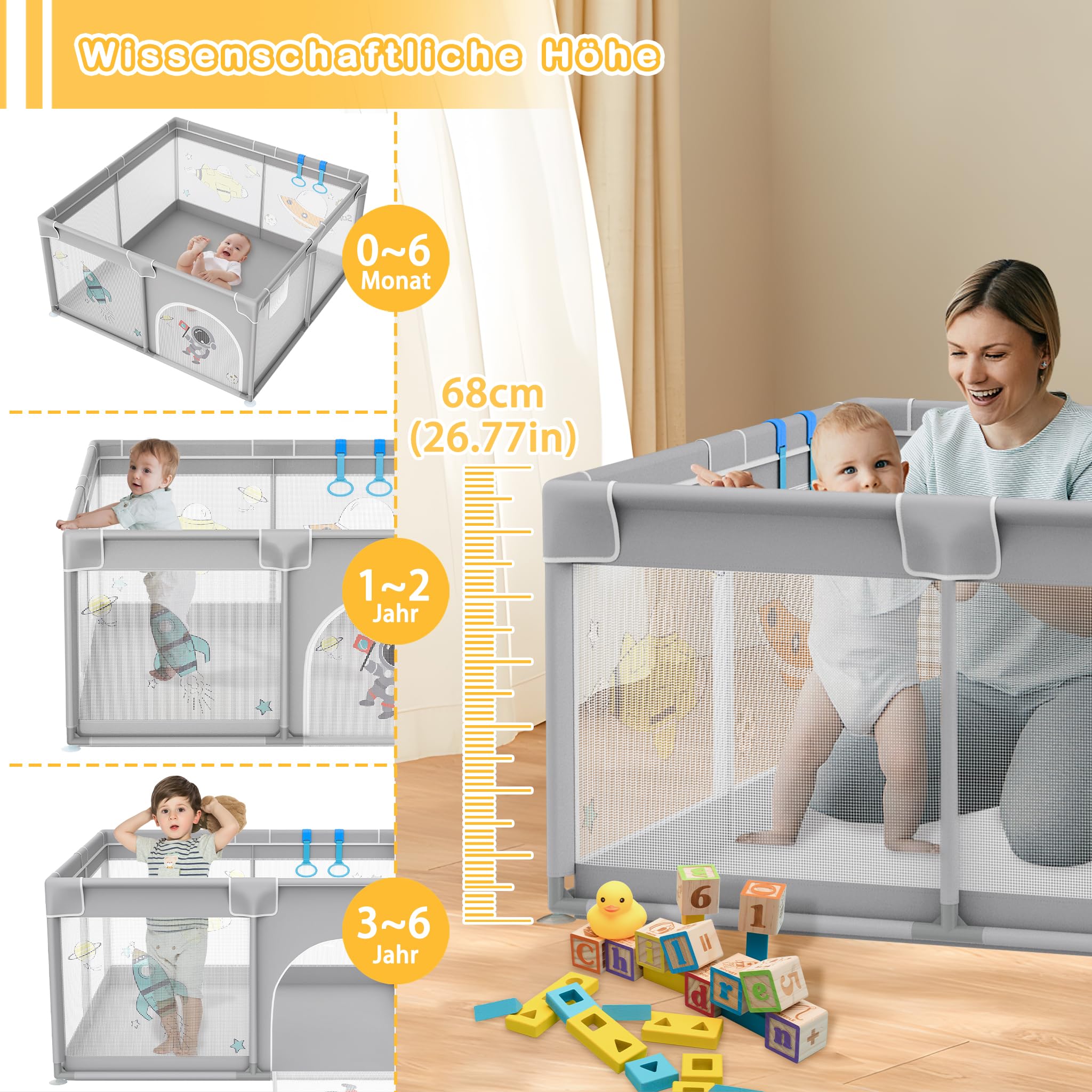 XMTECH Kojec dla niemowląt, przenośny, z 50 piłkami do zabawy, 127 cm x 127 cm x 68 cm, kratka ochronna z oddychającą siatką i zamkiem błyskawicznym i 4 pierścieniami do ciągnięcia (szary z motywami