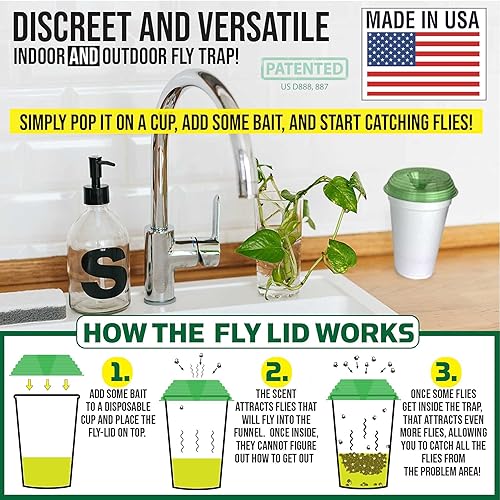 Miniatura 4 de Billy-Bob Tapa de mosca, paquete ecológico para control de moscas para interiores y exteriores, incluye 24 tapas para vasos desechables y 3 tapas