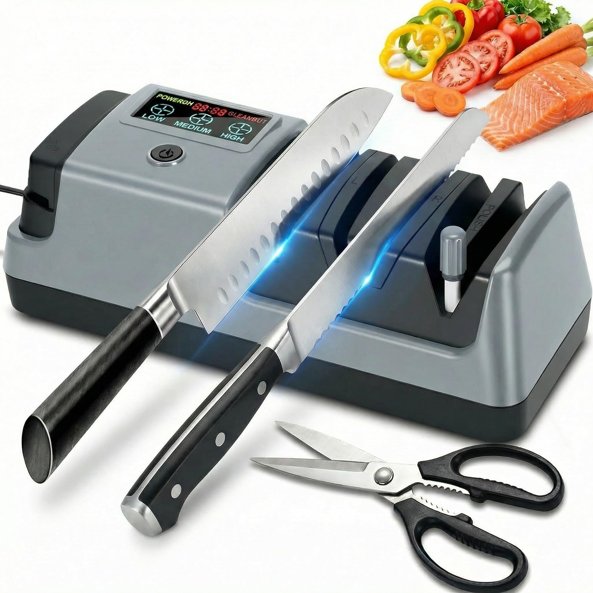 Aiguiseur de couteaux électrique avec écran LCD, 3 vitesses réglables, eguiseur de couteau professionnel pour couteaux droits, dentelés et en céramique et ciseaux
