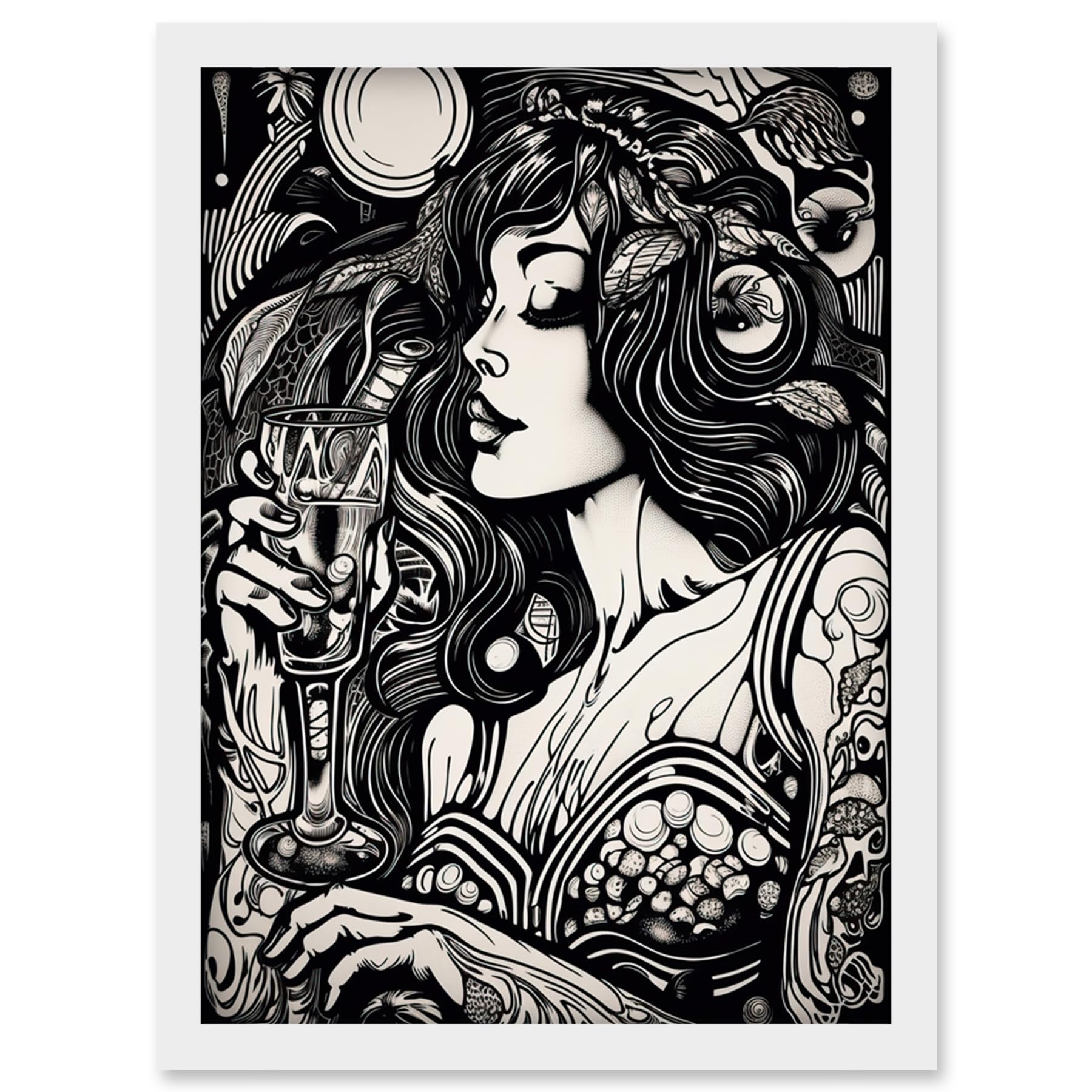 Artery8 Woman Drinking Wine Black and White Illustration Artwork Framed Wall Art Print A4