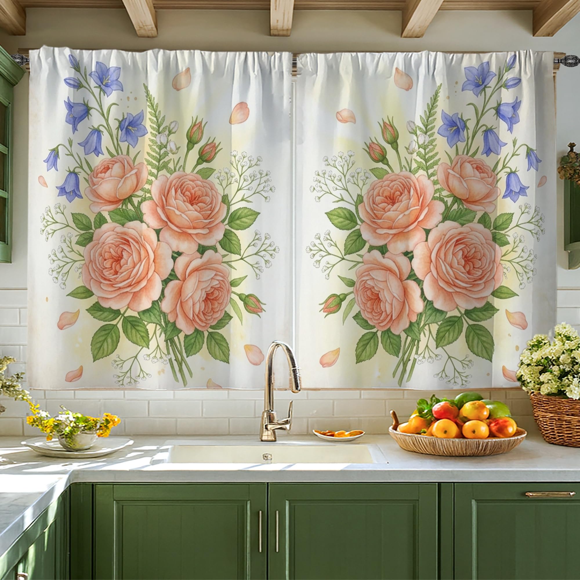 Rideau de cuisine printemps pêche avec motif floral jacinthes bleues pour petit appartement