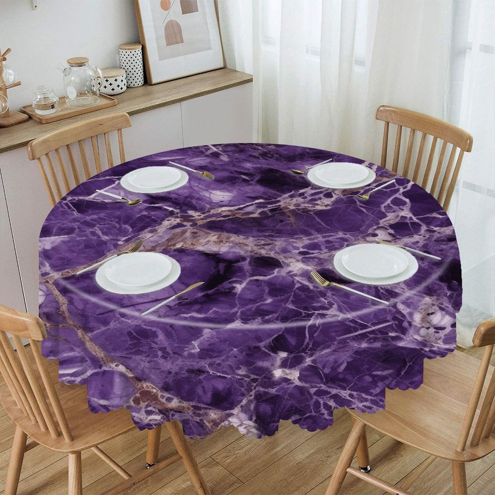 LZQPOEAS Marble Purplem Round Tablecloth Rustic Circle Table Cloth Wrinkle Resistant Decor Tablecloth Waterproof Washable Table Cover for Kitchen Party Dining Table 60 Inch