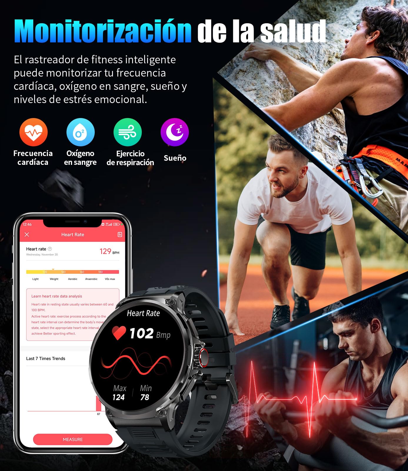 Reloj Inteligente Hombre con Batería Grande de 800mAh, 1.85'' Grande Smartwatch con Llamadas Bluetooth, Monitoreo de la Salud, Monitoreo de Fitness, 100+ Modos Deporte, IP68 Impermeable, Android iOS