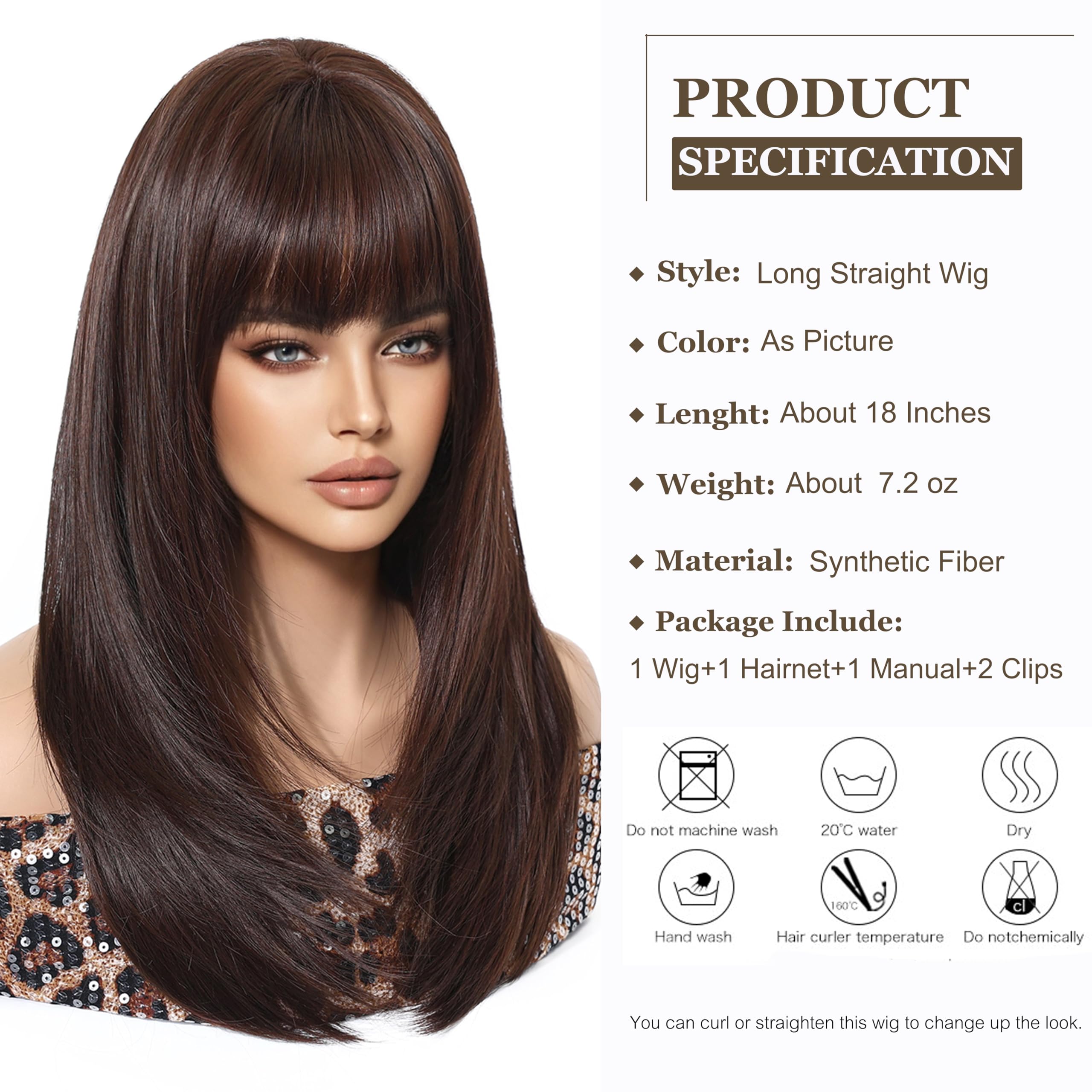 Esmee Long Straight Coffee Brown Wigs for Women with Fringe Natural Synthetic Hair Ombre Wig for Daily & Party Use - Image 2