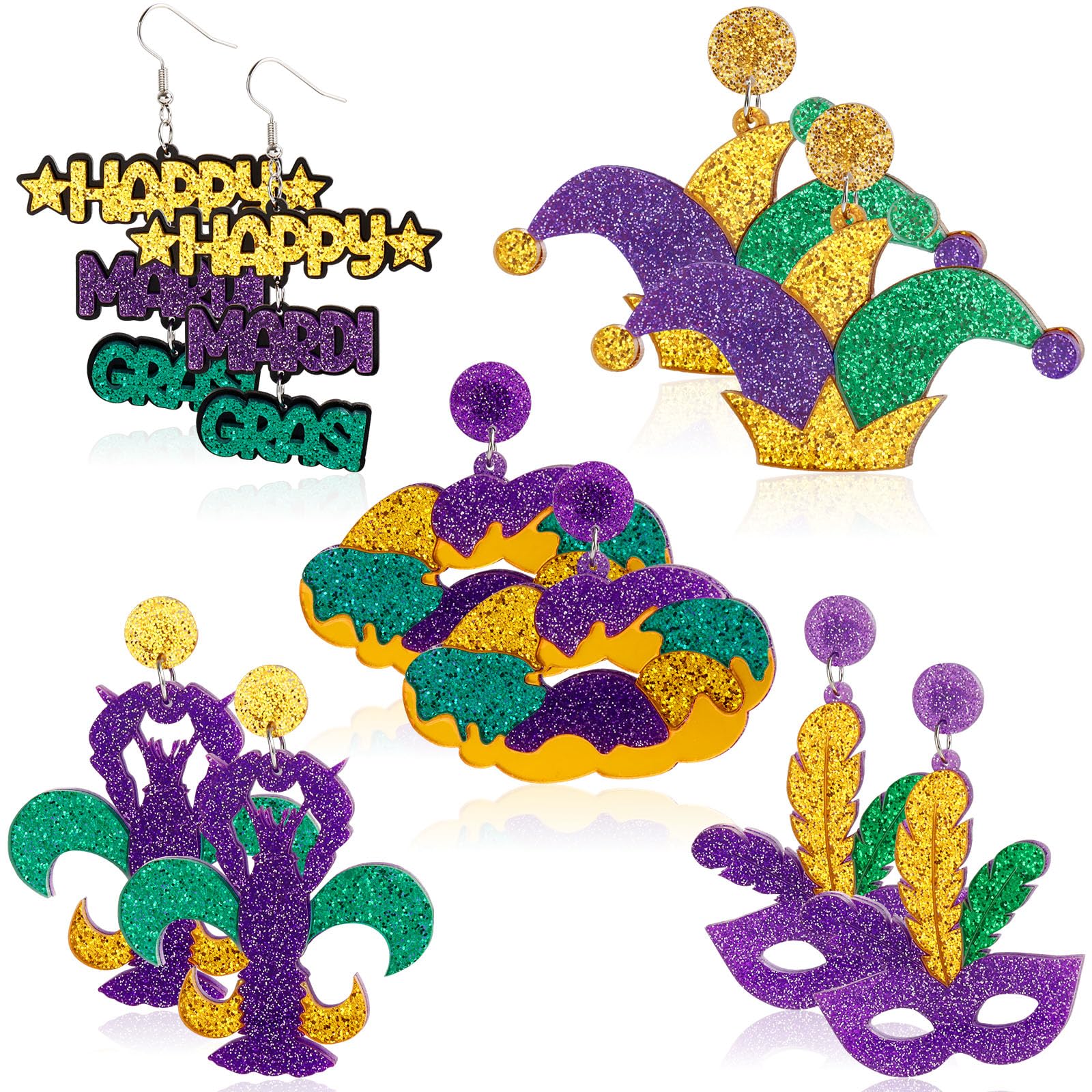 Mardi Gras Earrings Holiday Mardi Gras Stud Earrings Acrylic Dangle Earrings for Women Mardi Gras Mask Lobster Crown Earrings Mardi Gras Accessories Carnival Earrings Bulk 5 Pairs