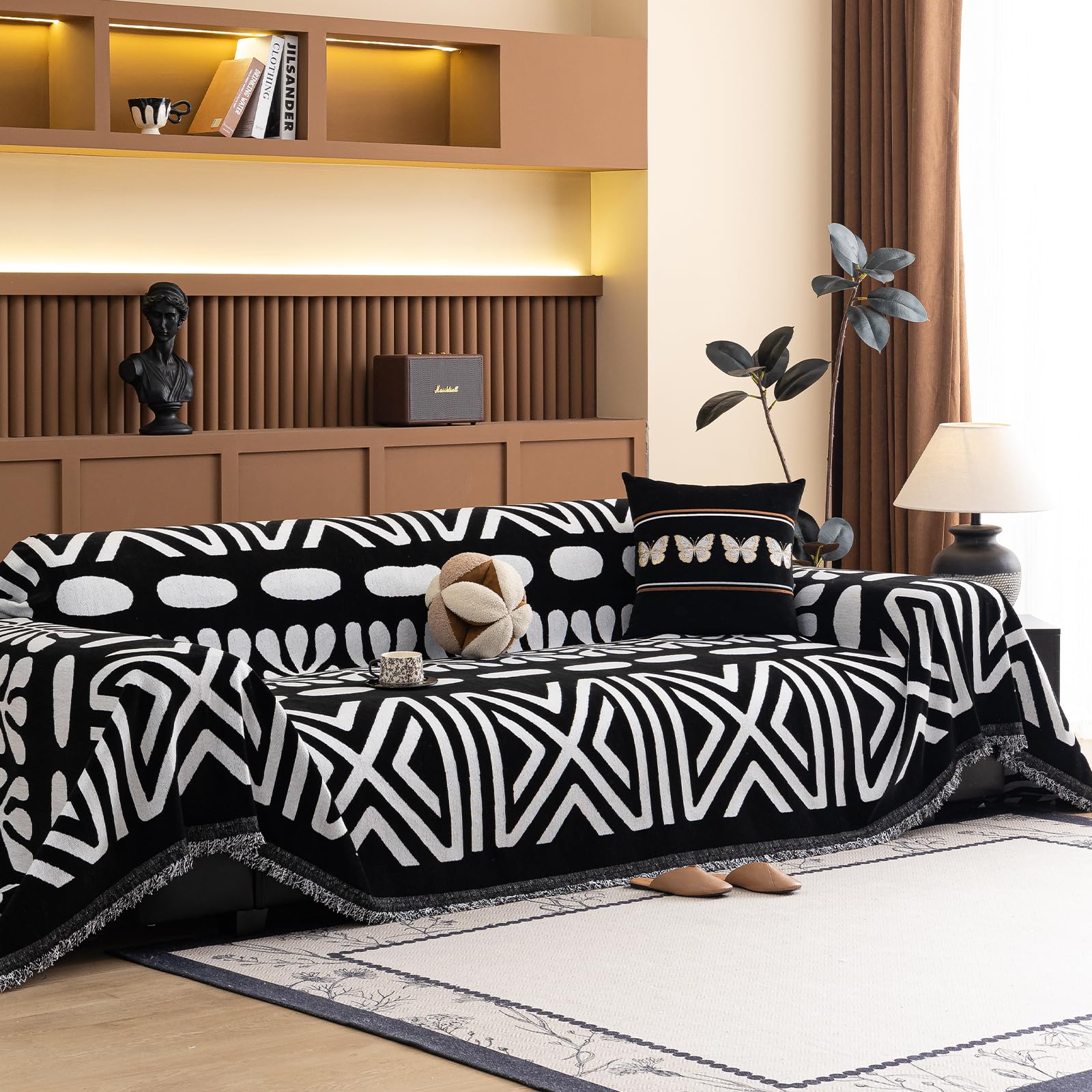 DREAMINGO Chenille Couch Covers for Sofa Thick Soft Furniture Protector Slipcovers for 3 Seat Sectional Couch Geometric Jacquard Boho Sofa Covers Washable for Pets Kids,71"x134", Black โ image 1