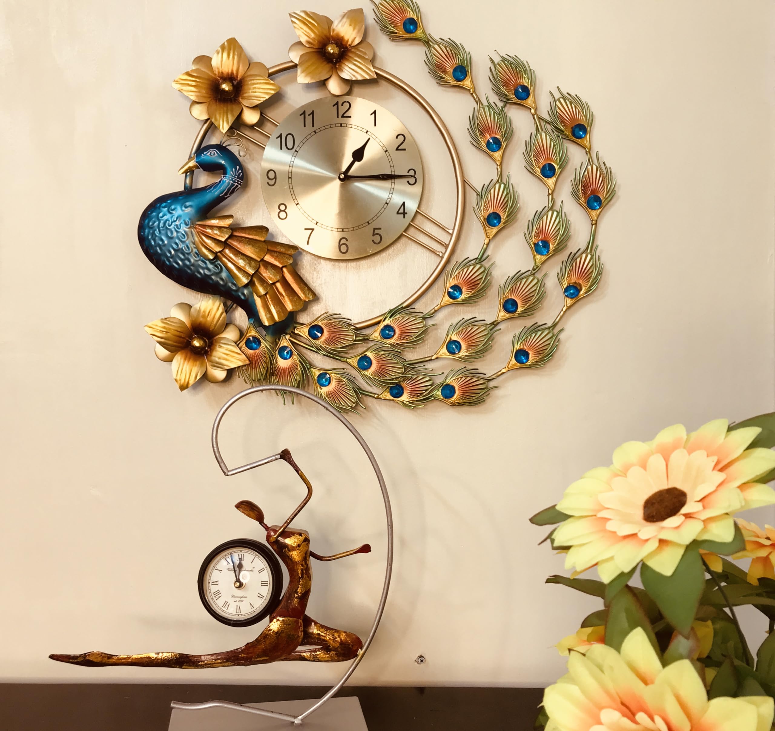 Malik Designs Handmade Metal Peacock Wall Clock – Multicolor Decorative Clock with Ticking Sound for Bedroom, Living Room, Hall & Dining Room