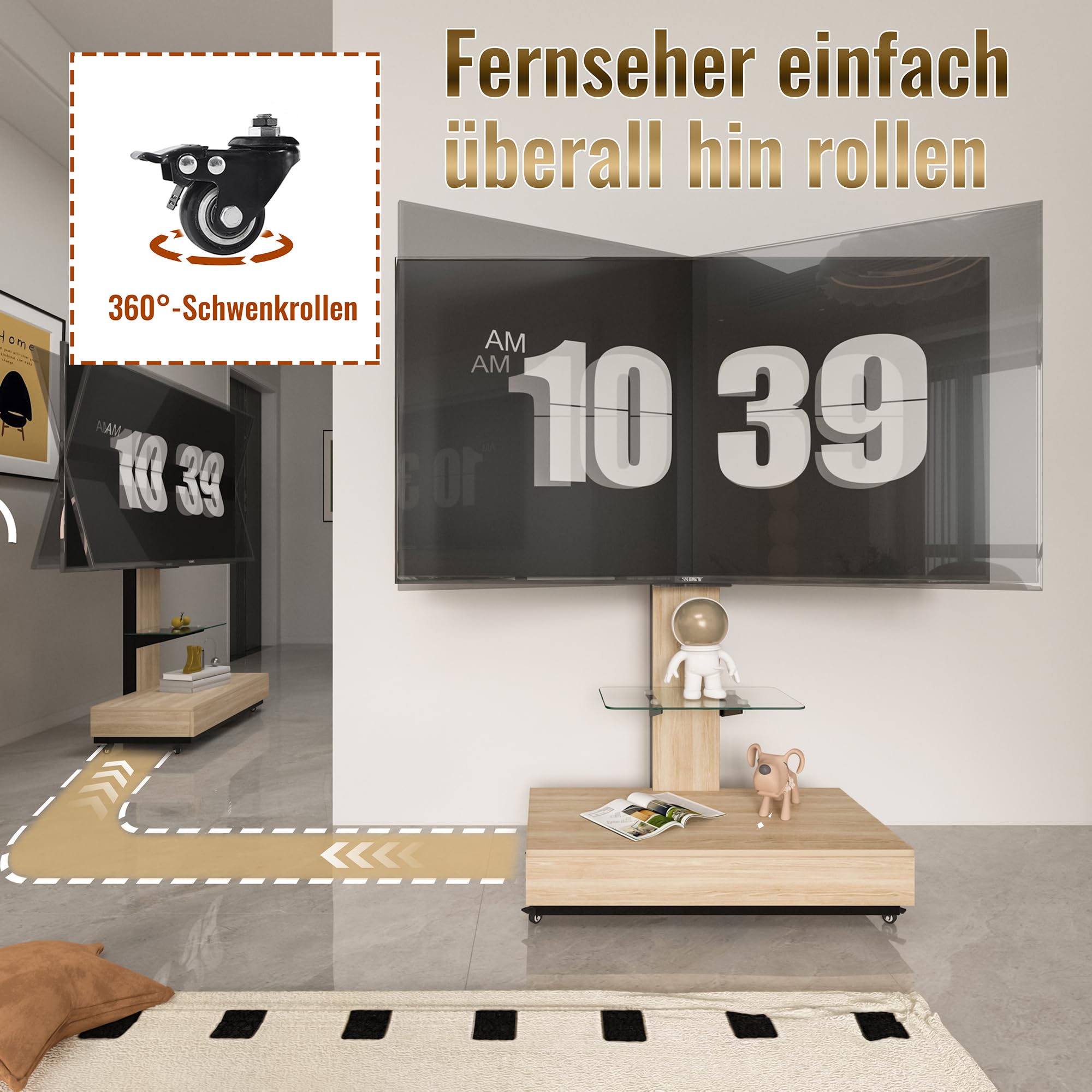 Verstellbarer TV-Ständer mit Rollen, Schiebeschublade und Schwenkhalterung für 32-75 Zoll Fernseher – Höhenverstellbar, Lenkrollen mit Feststellfunktion Holzfarbe/Schubladen