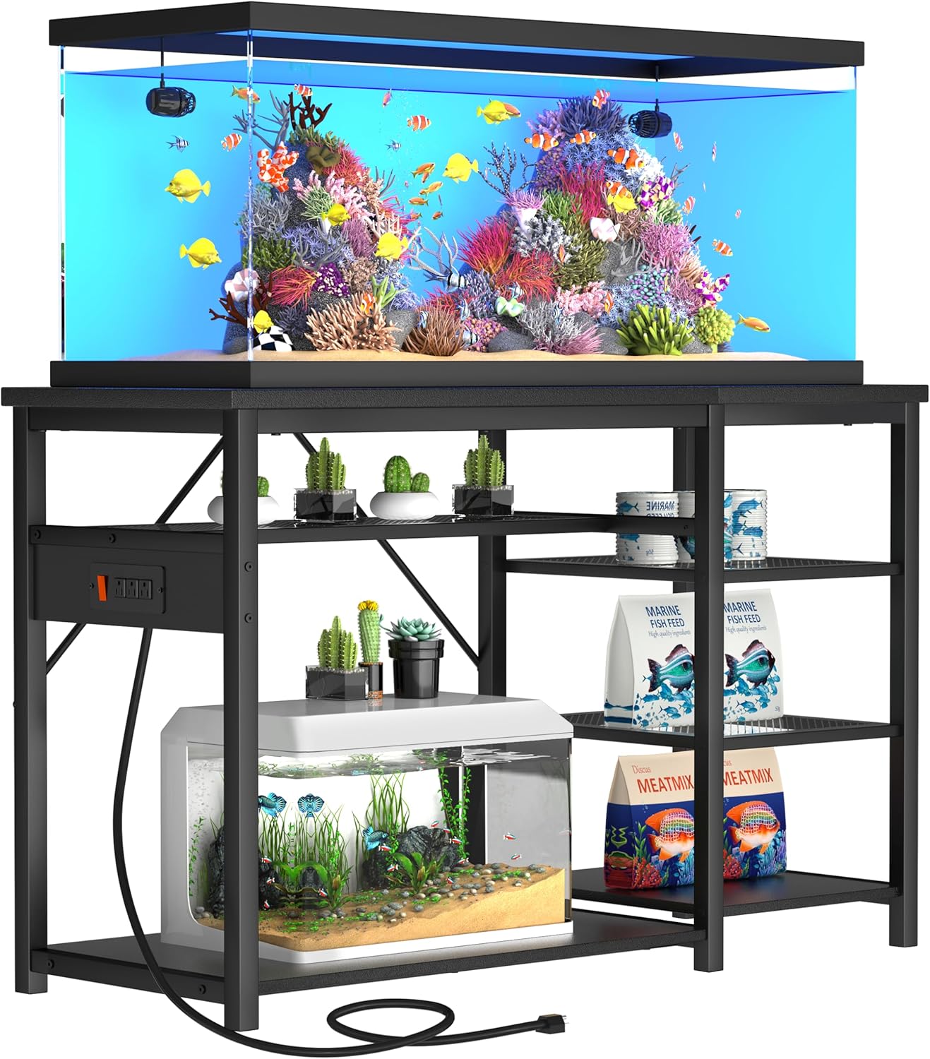 GRLEAF 55-75 Gallon Aquarium Stand: 1200LB Capacity, Built-In Power Outlets, 3-Tier Shelves for Fish Tank Accessories Storage, Heavy-Duty Steel/Wood Hybrid for Fish & Reptile Tanks | Excludes Tank