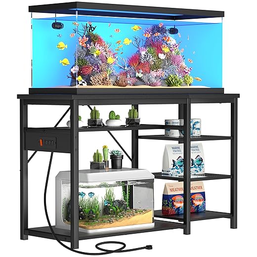 GRLEAF 55-75 Gallon Aquarium Stand: 1000LB Capacity, Built-In Power Outlets, 3-Tier Shelves for Fish Tank Accessories Storage, Heavy-Duty Steel/Wood Hybrid for Fish & Reptile Tanks | Excludes Tank