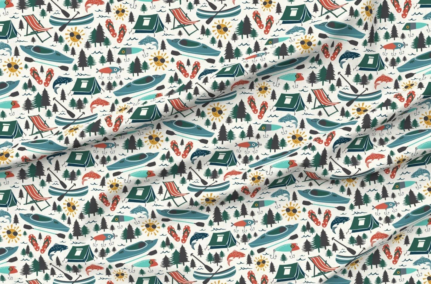 Spoonflower Fabric - Cream Fish Summer Flip Flops Large Scale Lake Outdoors Fishing Camping Printed on Organic Cotton Sateen Fabric by The Yard - Sewing Quilting Apparel Home Decor
