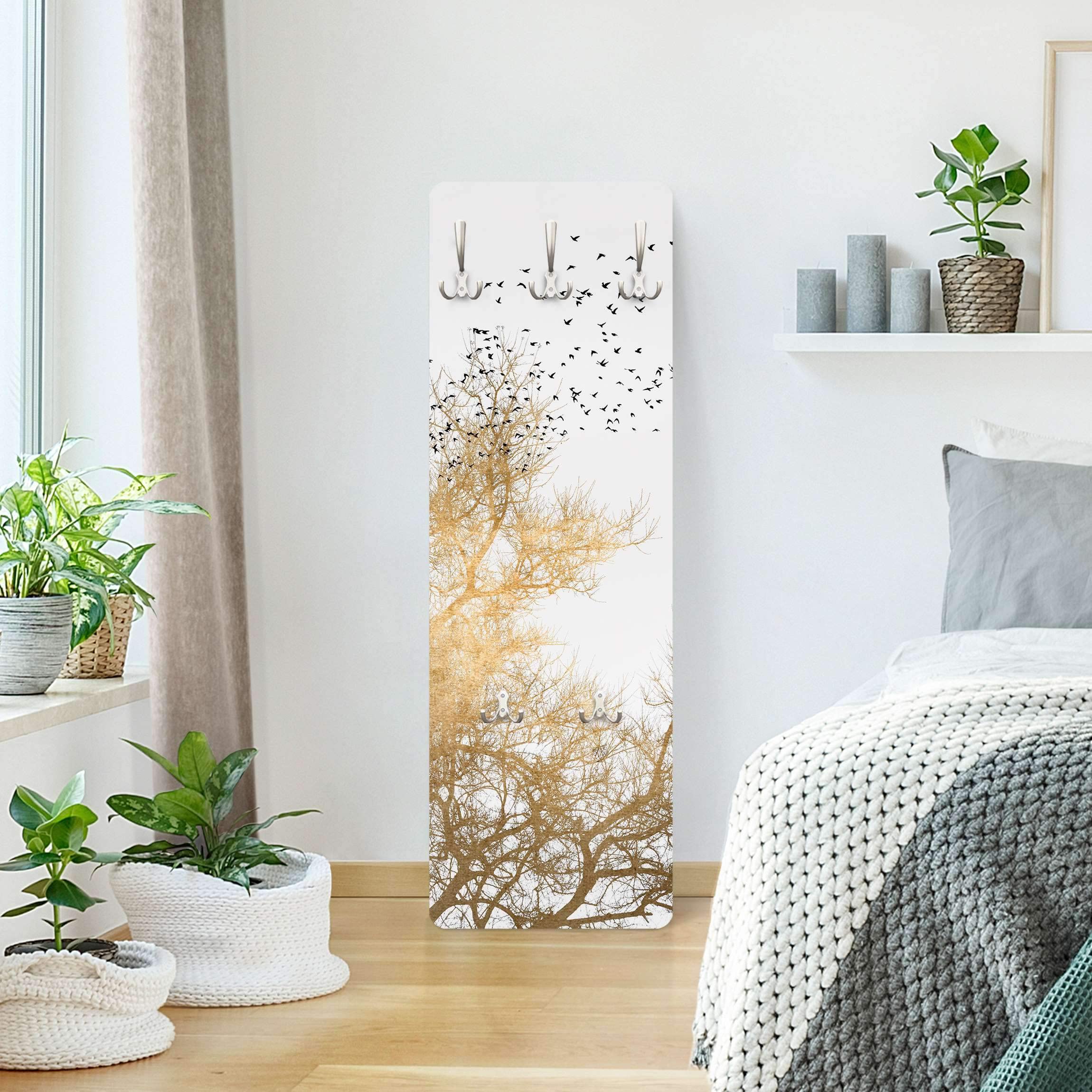 Wandgarderobe inkl. 5 Haken Wald Bäume platzsparendes Design - Made in Germany - Baum Kunstdruck Flurgarderobe gold schmal Garderobenpaneel 2933