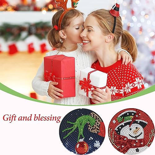 Miniatura 6 de F.NIMAGOP 8 posavasos de pintura de diamantes de Navidad, kits de posavasos de arte de diamantes de bricolaje con soporte para principiantes, kit de