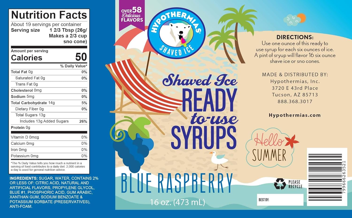 Hypothermias Shaved Ice & Snow Cone Syrup Variety Pack - 6 Pints (16 Fl. Oz.) - Blue Raspberry, Cherry, Strawberry, Grape, Watermelon, Banana - Non-GMO 100% Pure Cane Sugar, BPA-Free Plastic Bottles with Pour Top