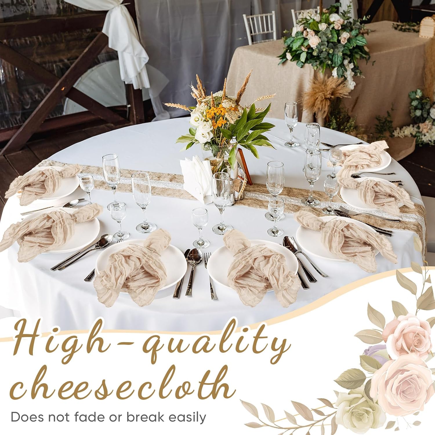 Zhehao 200 Pack Cheese Cloth Napkins Bulk 16 x 16 Inch Cheesecloth Gauze Cheese Cloth Dinner Table Napkins Rustic Wrinkled Decorative for Wedding Reception Shower Party(Beige)