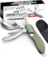 Orblue 4-in-1 Camping Utensils Stainless Steel Multitool: Spoon Fork Knife Bottle Opener, Compact Portable for Backpacking Hiking Travel Olive Green