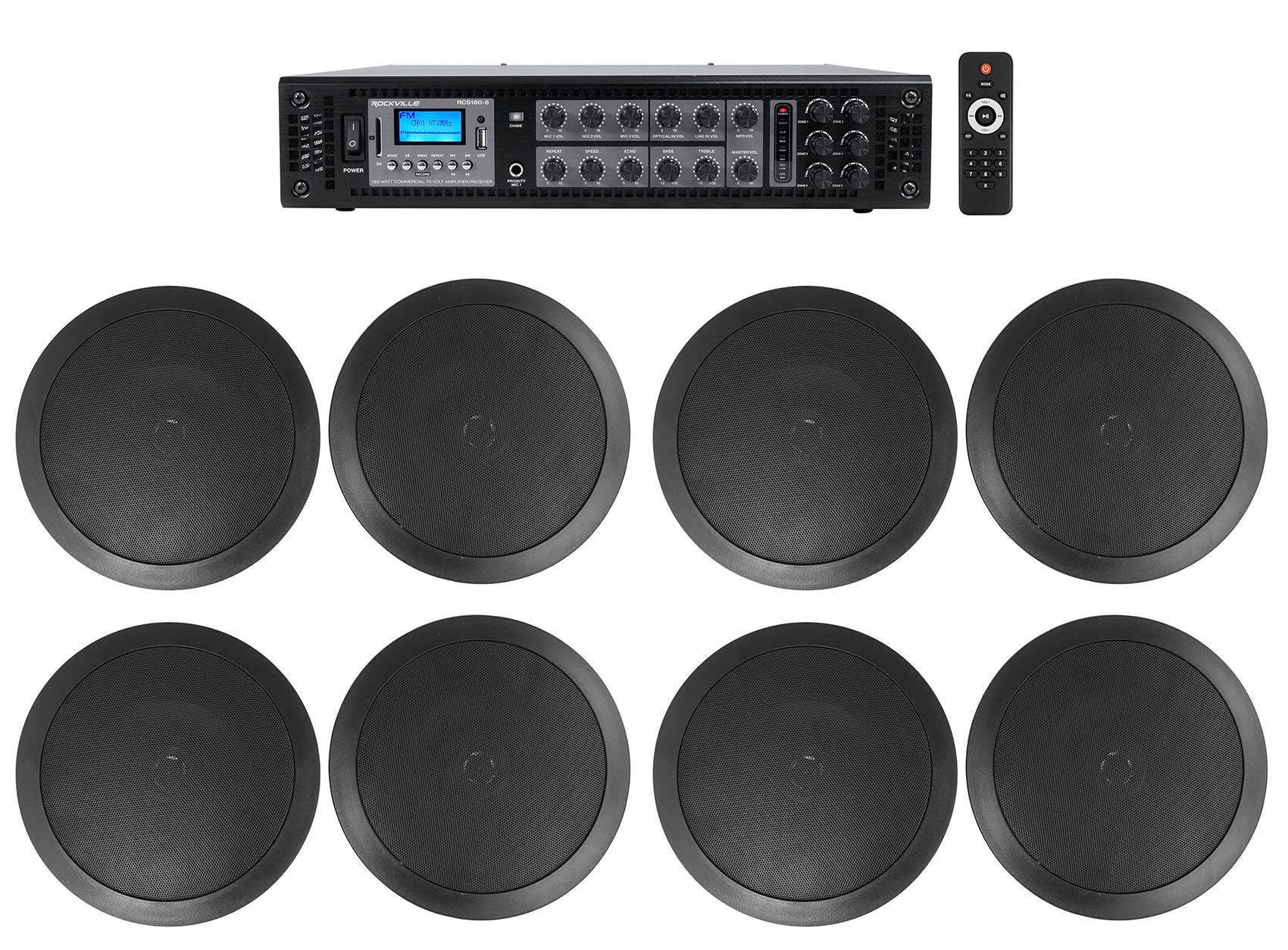 6-Zone Home Audio System+8 Black Ceiling Speakers 4 Bedroom/Living Room/Bathroom