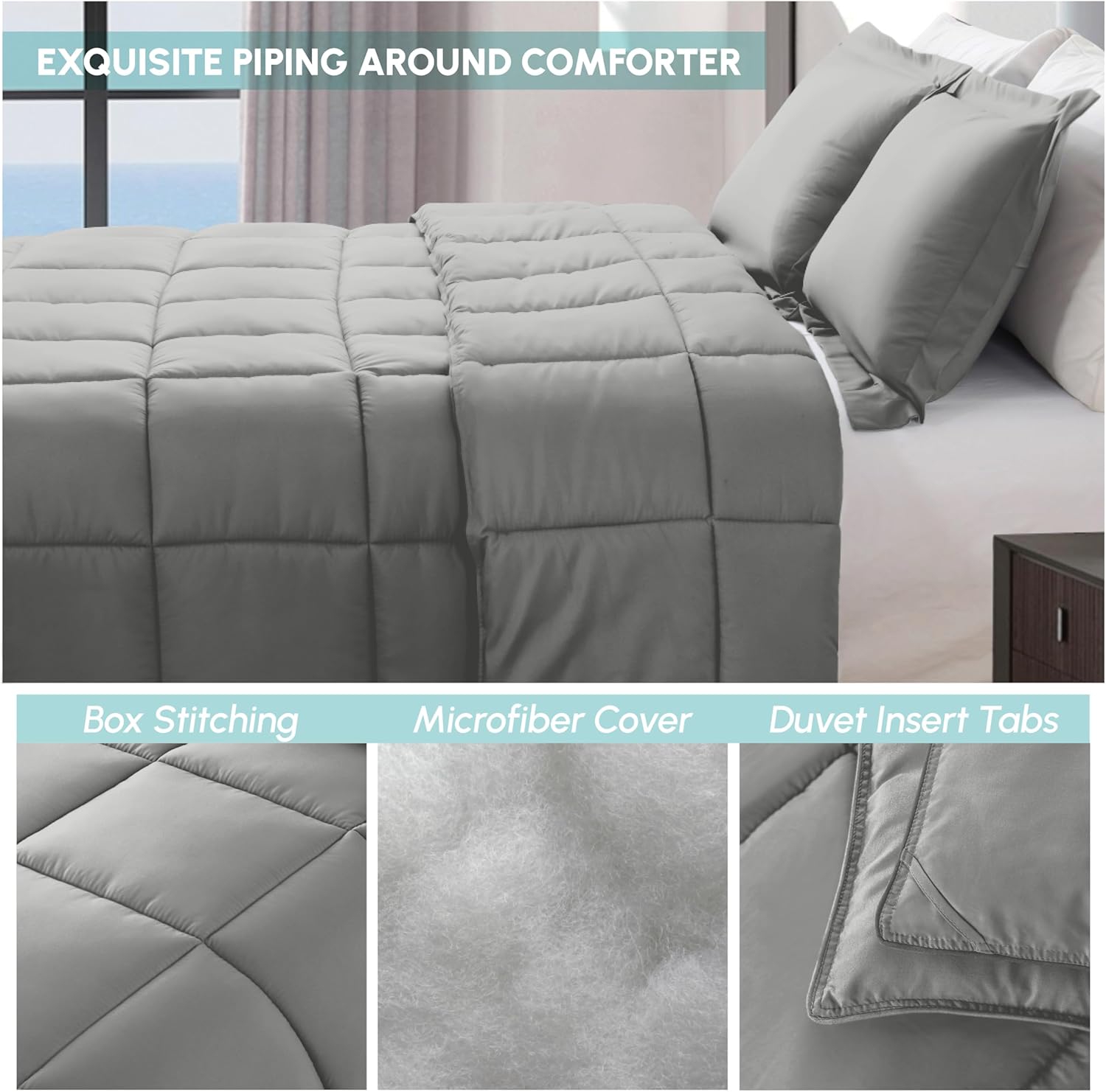 Elegant Comfort 3-Piece Box Stitched Down Alternative Comforter with Shams - Ultra Soft for All Season Duvet Insert with Corner Tabs, Plush Cozy 3PC Comforter Set, Oversize Queen, Silver Gray