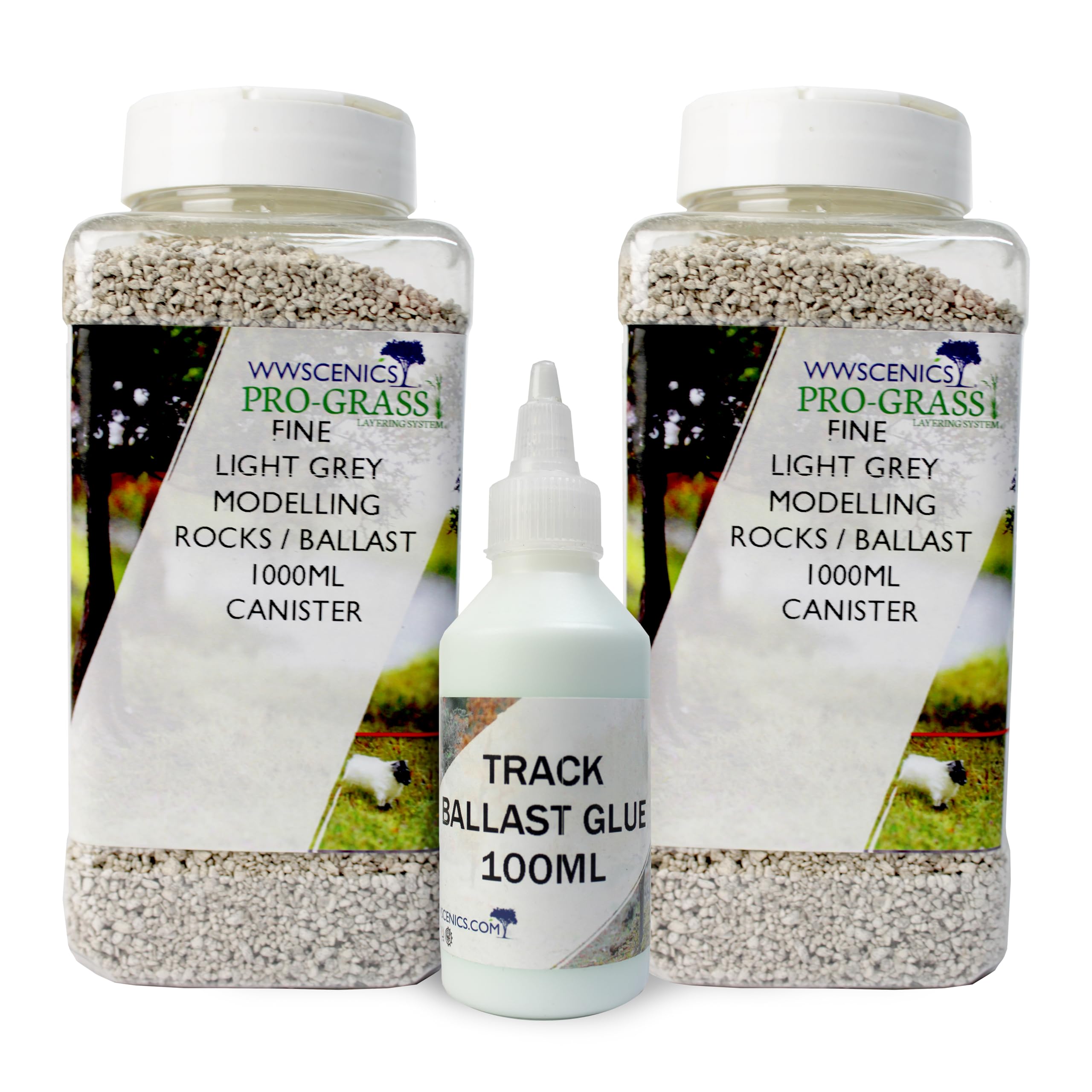 Model Railway Ballast Fine Light Grey Rocks – 2 Pack Bundle with 100 ml Track Glue – Realistic Track Ballasting for Model Trains & Layouts