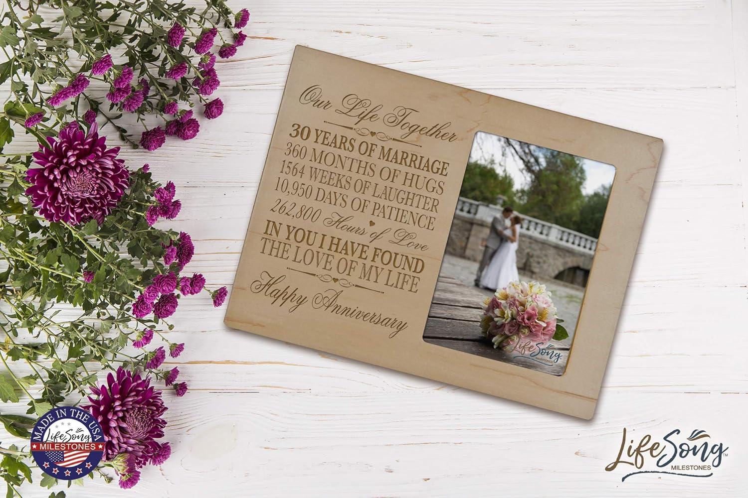 LifeSong Milestones 30 Year Anniversary Picture Frame Gift for her him Couple Custom Engraved 30th Year Wedding Celebration for Husband Wife Photo Frame Holds 1 4x6 Photo 8" H X 10" (Maple)