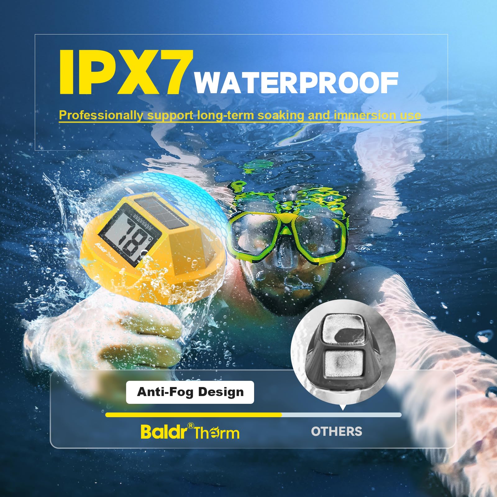 Termómetro de piscina solar digital flotante, pantalla grande de alta precisión sin empañamiento con pantalla de doble cara para piscina, acuario, spa, aguas termales, estanques (amarillo)