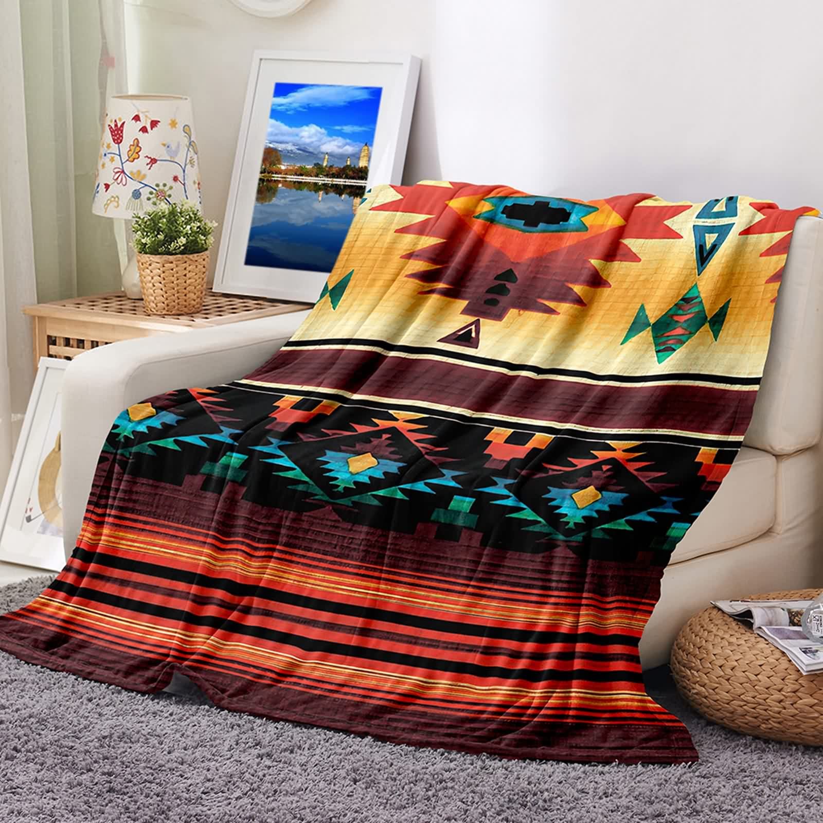 Couverture plaid flannel design géométrique orange noir pour canapé chic