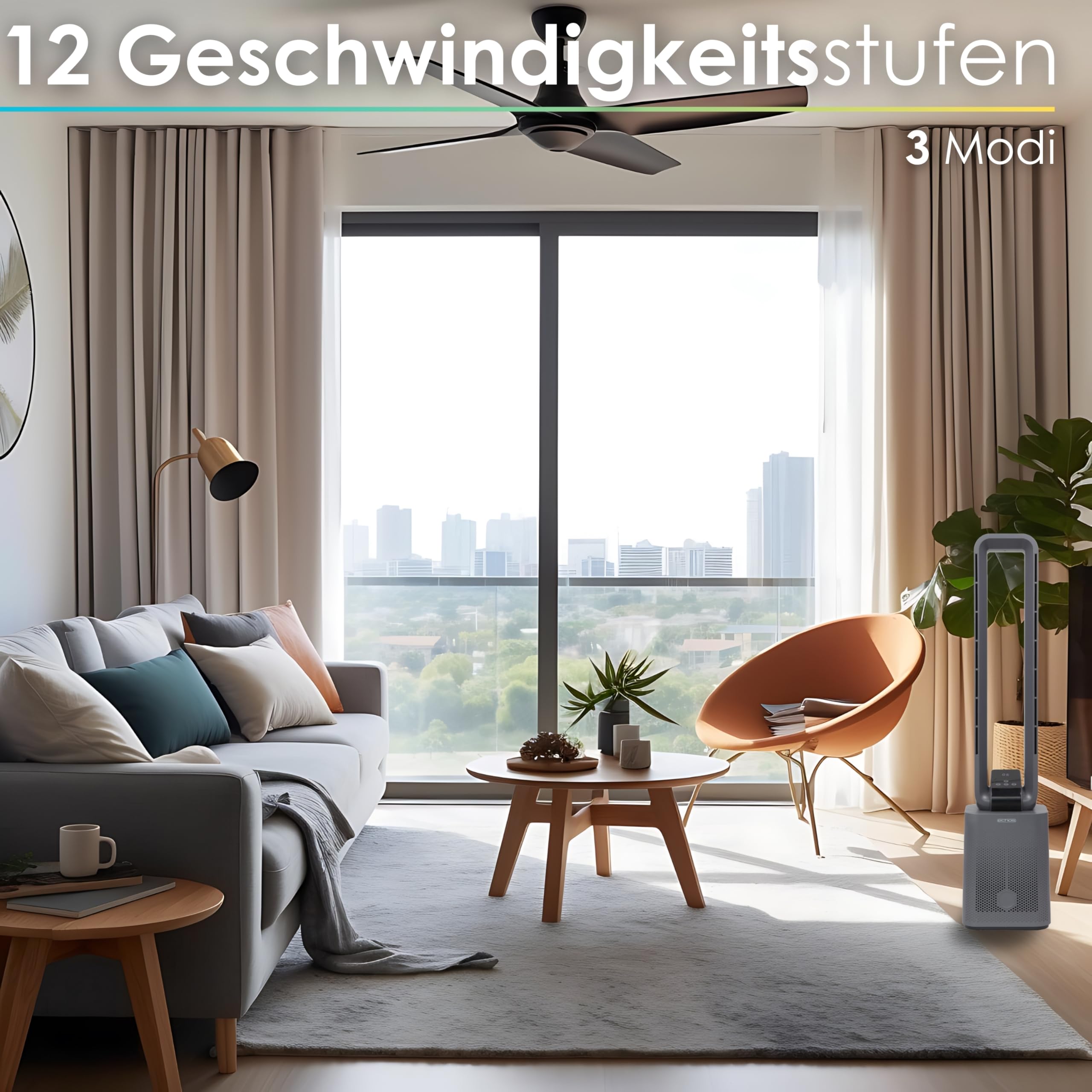 Echos Turmventilator sehr leise Ventilator leise DC Motor Fernbedienung Oszillierend LED-Display 3 Modi 12 Stufen Tower-Ventilator Säulenventilator Standventilator Luftkühler 15h Timer Tower Fan