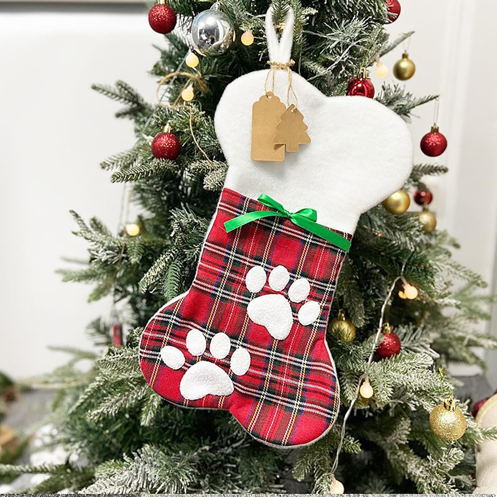 Pet Christmas Stockings 2 Pack – Knitted Bone Shape Hanging Stockings For Dogs & Cats (Green + Red)