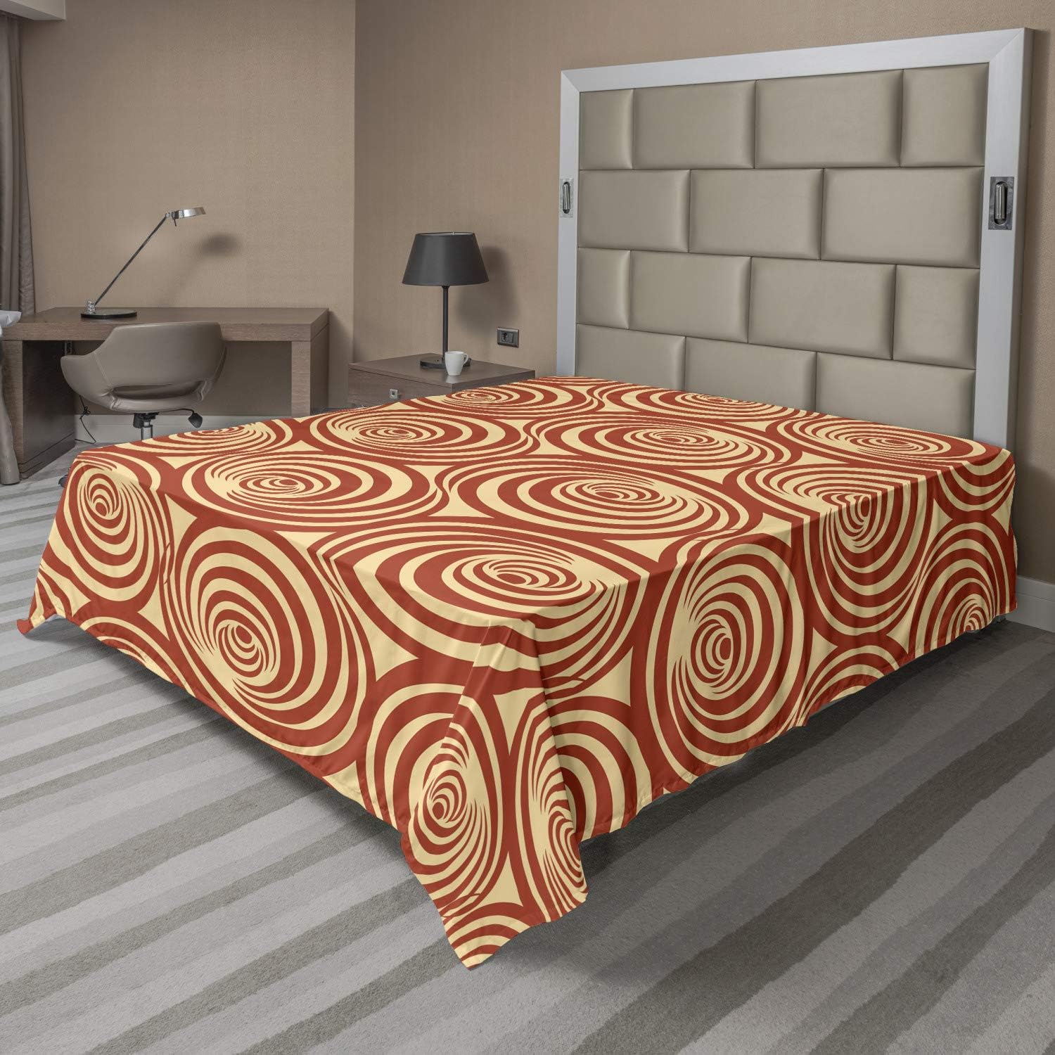 Ambesonne Retro Flat Sheet, Circular Spiral Motifs Old Fashioned Abstract Design Ornament, Soft Comfortable Top Sheet Decorative Bedding 1 Piece, Queen Size, Rust and Pale Yellow