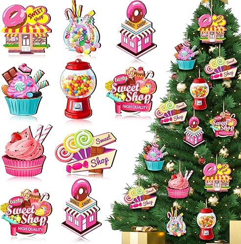 24 piezas de pastel de caramelo colgante de madera de Navidad, coloridos adornos de bastón de caramelo de Navidad con cuerda para árbol de Navidad,