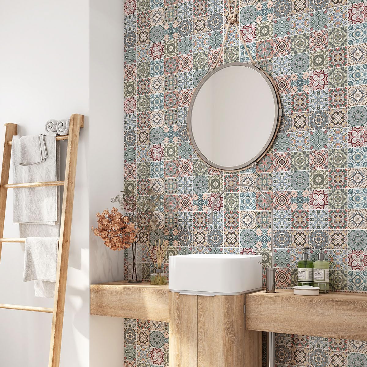 Lumalea Adesivo da bagno con motivo piastrelle di cemento 3617681511779, adesivo + protezione opaca, 90 x 90 cm