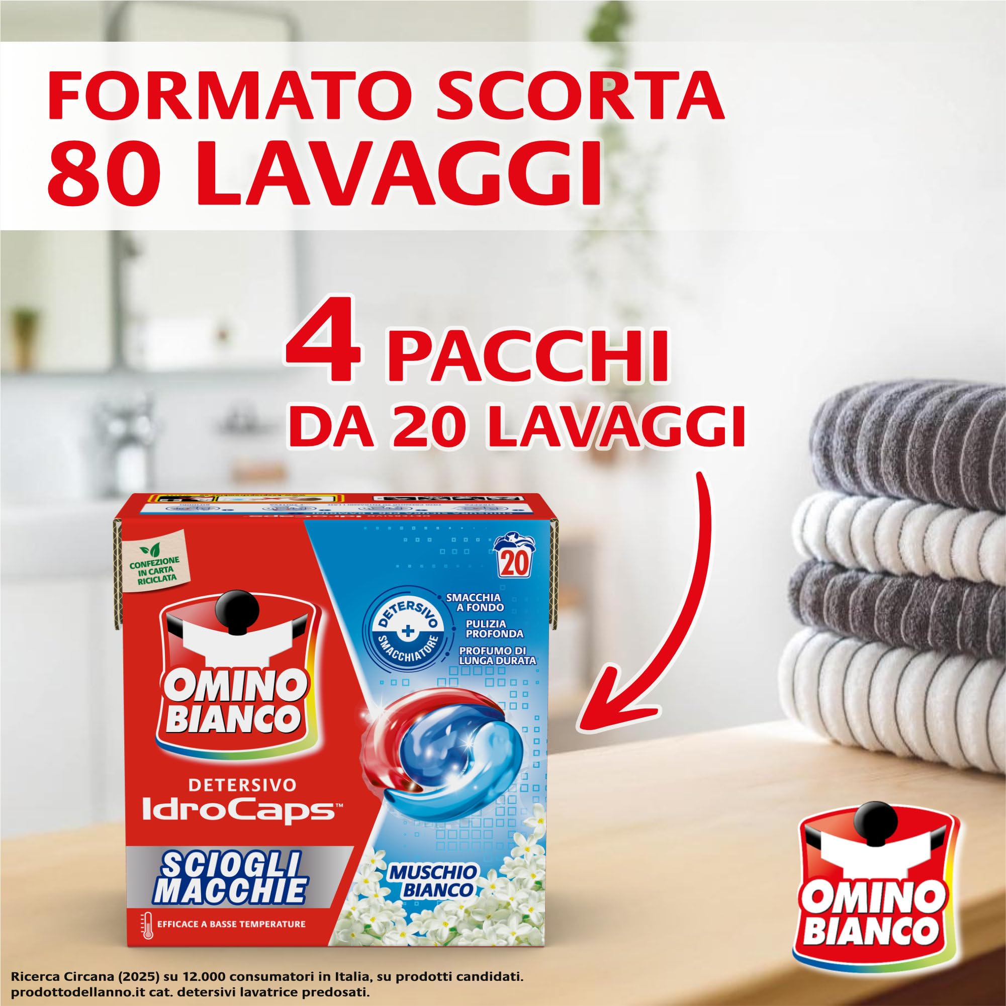 Omino Bianco Idrocaps - Detersivo LavatriceiIn Capsule Sciogli Macchie, 80 Lavaggi, Efficace a Basse Temperature, Profumo Muschio Bianco, 20 Caps x 4 Confezioni