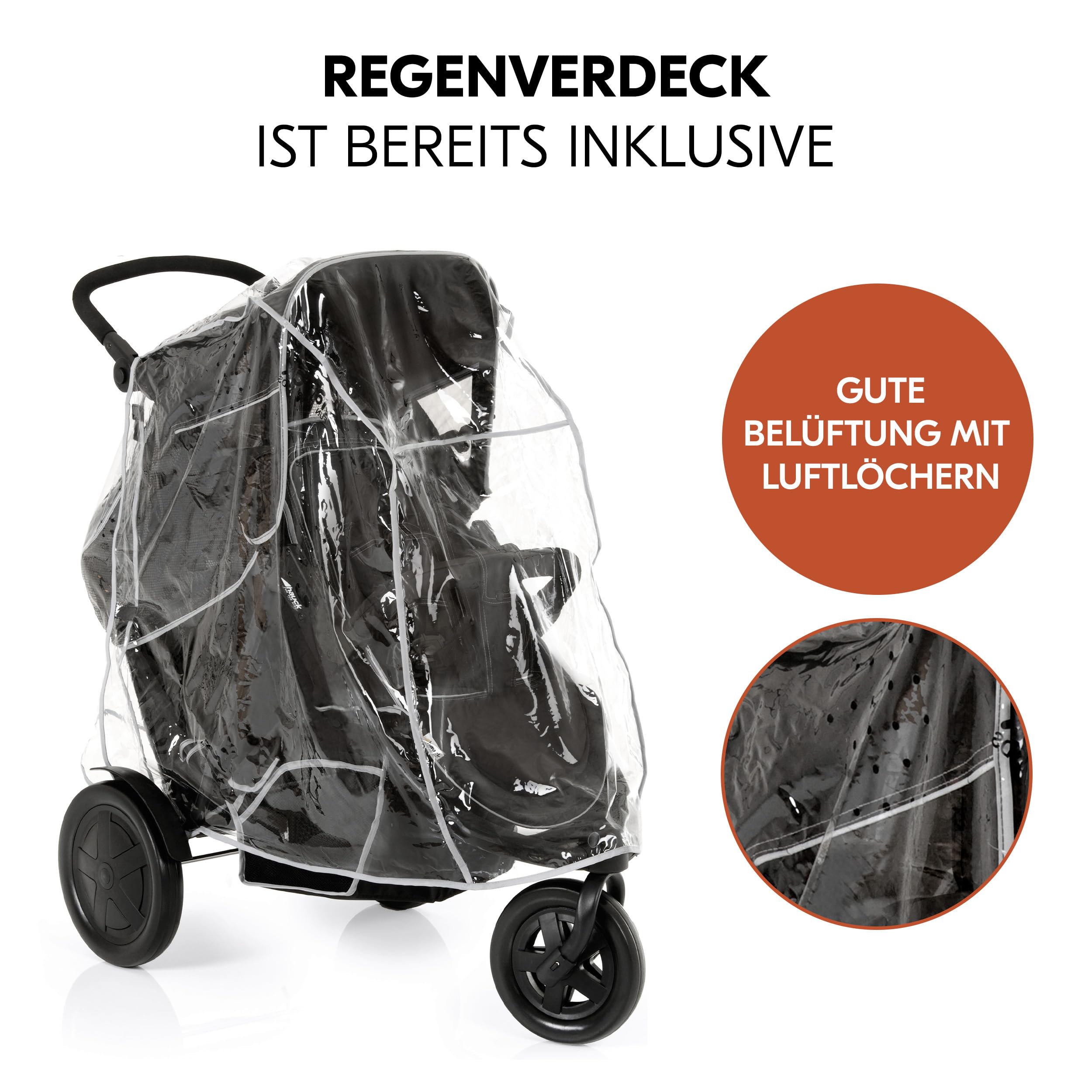Hauck Freerider Black Dreirad Geschwisterbuggy Kinderwagen für 2 Kinder mit Regenschutz, oberer Sitz ab Geburt Liegeposition, abnehmbarer Zweitsitz ab 6 Monaten