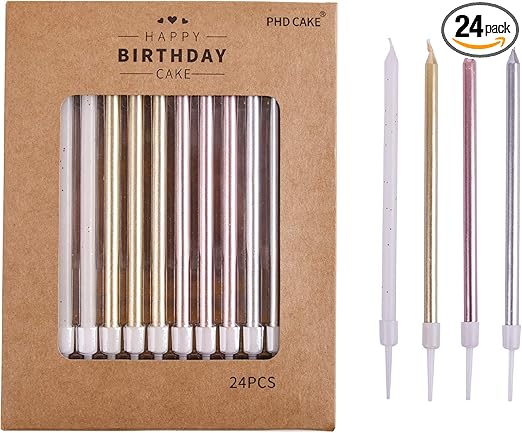 PHD CAKE Gold, Silver, Rose Gold, White, Long Birthday Candles in Holders, Cake Candles, Birthday Parties, Wedding Decorations, Party Candles, Celebrations