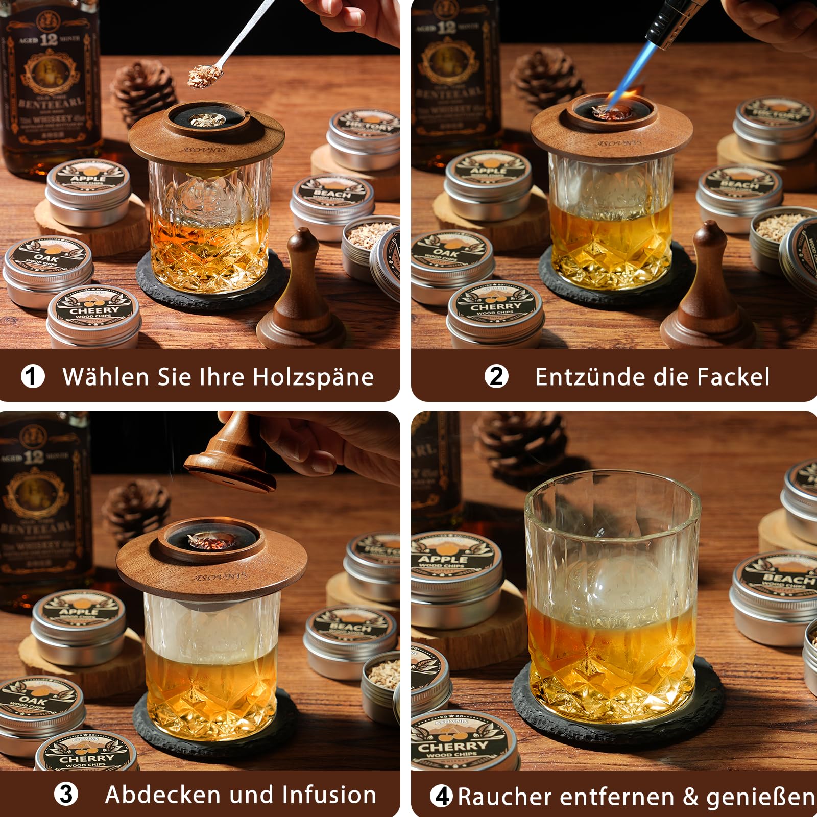 Whisky-Räucherset mit Fackel-6 Geschmacksrichtungen, Holzspäne, 2 Gläser, 6 Whiskysteine, Cocktail-Räucherset, Getränke-Räucherset, Geburtstagsgeschenke für Bourbon-Whiskey für Männer (Ebenholz)