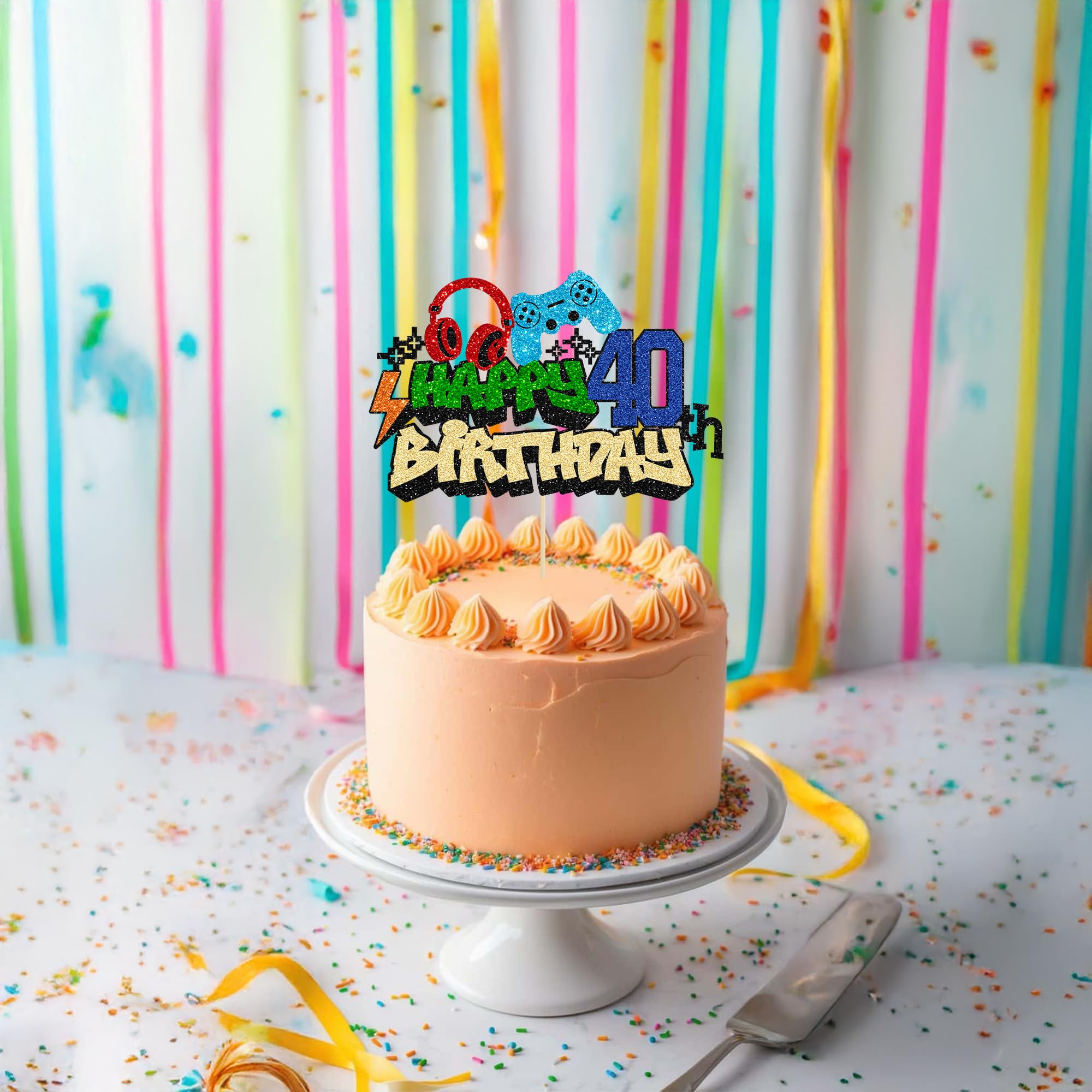 Gyufise 1Pcs Happy 40th Birthday Cake Topper Glitter Video Game Cake Pick Game On Controllers Eighteen Cheers to 18 Years Cake Decoration for Game Theme Happy 40th Birthday Party Supplies 3