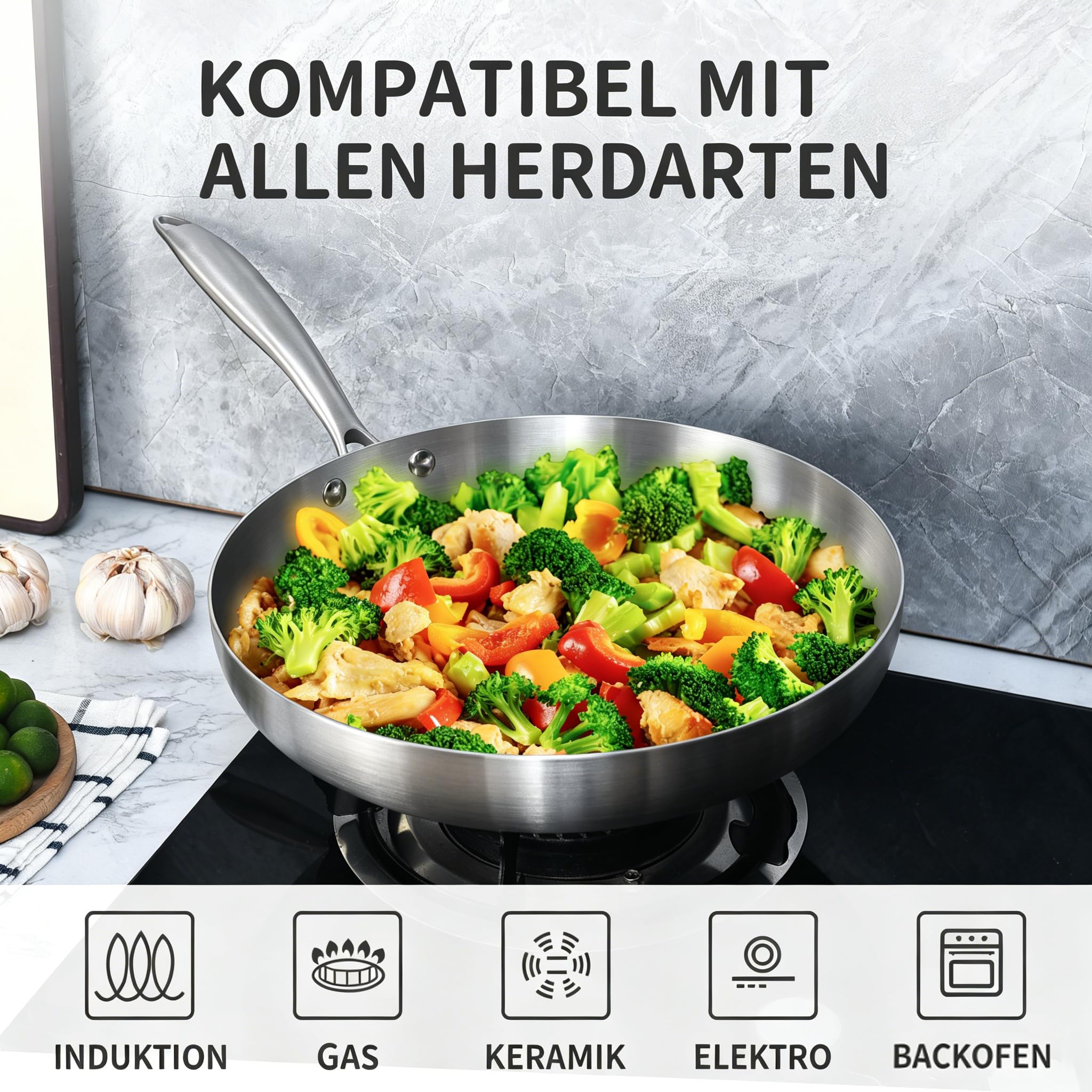LOLYKITCH Bratpfanne 28 cm mit Glasdeckel, unbeschichtete Edelstahlpfanne | Tri-Ply Konstruktion, schnelle und gleichmäßige Wärmeverteilung, für alle Herdarten geeignet, ofenfest