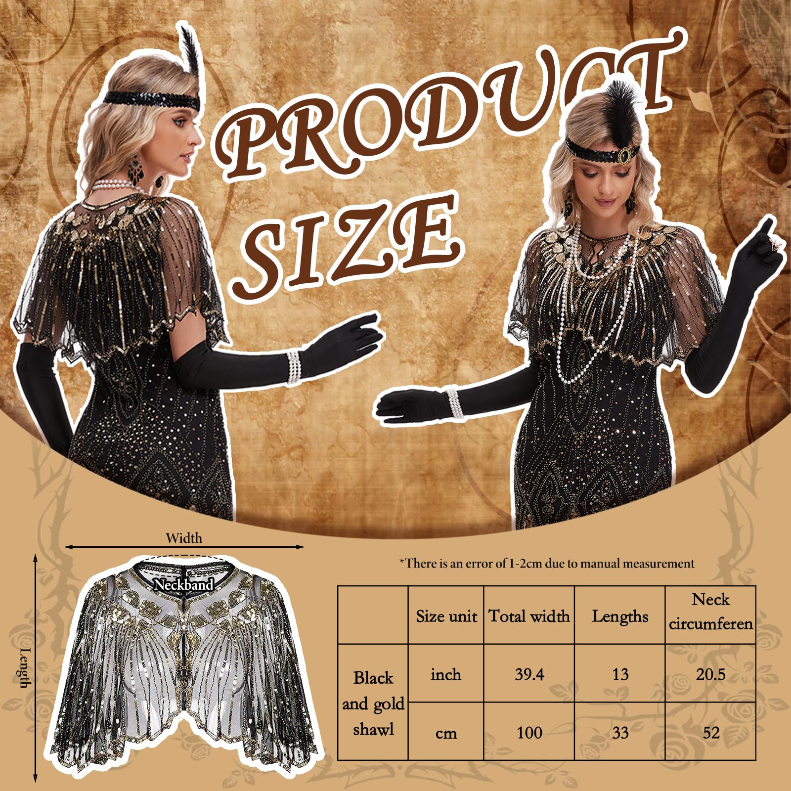 Sekepingo 1920s Accessories for Women Great Gatsby Flapper Shawl with Sequins 8 Pieces Accessories Set Peaky Blinders Costume with Headband Gloves Necklace Earrings Lace Fan for Party Black+Gold - Image 3