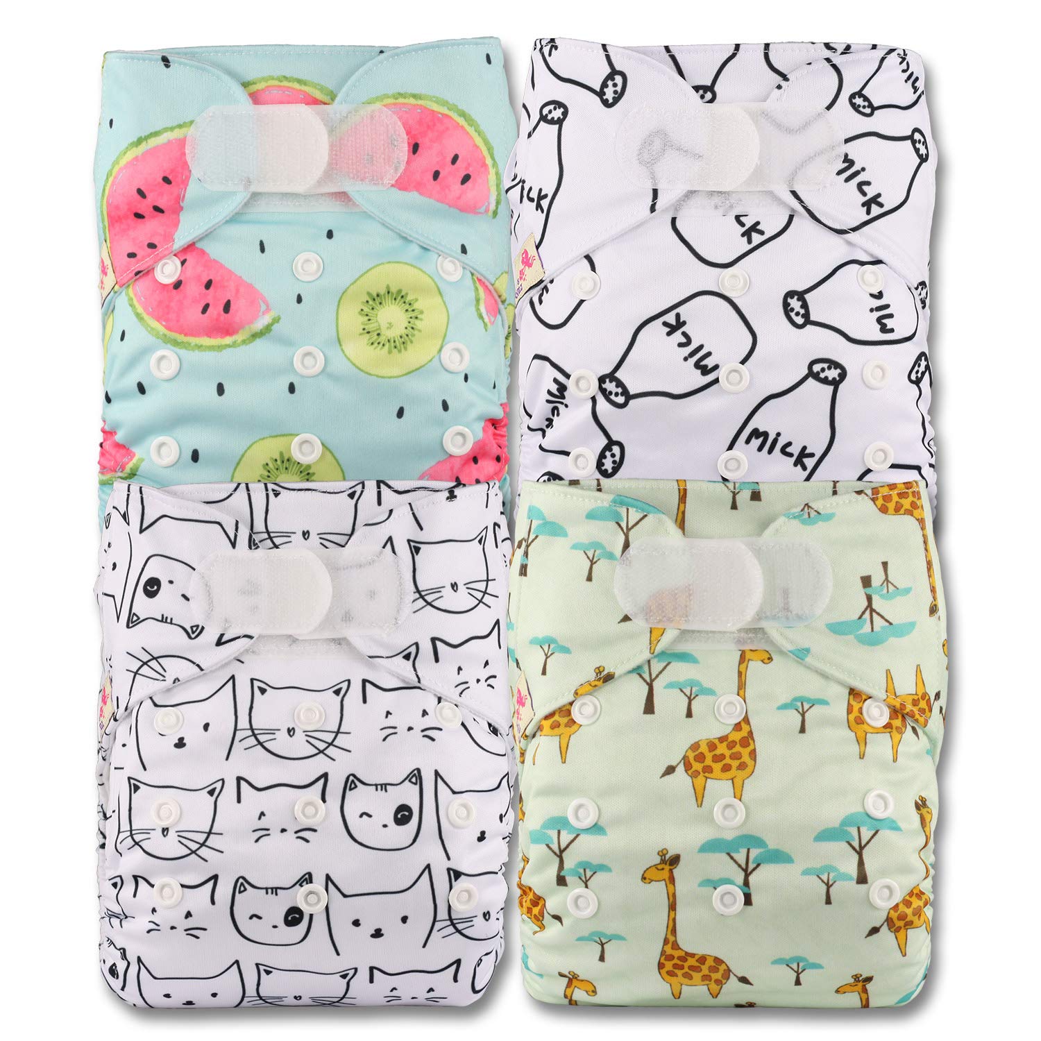 Littles & Bloomz, Reusable Pocket Cloth Nappy, Fastener: Hook-Loop, Set of 4, Patterns 409, with 4 Bamboo Charcoal Inserts