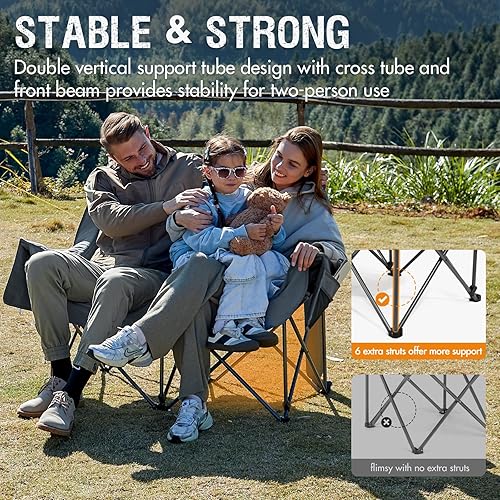 Miniatura 4 de Portal Silla de campamento doble, sofá biplaza plegable para 2 personas para adultos, cojín acolchado, para campamento, césped, sofá portátil