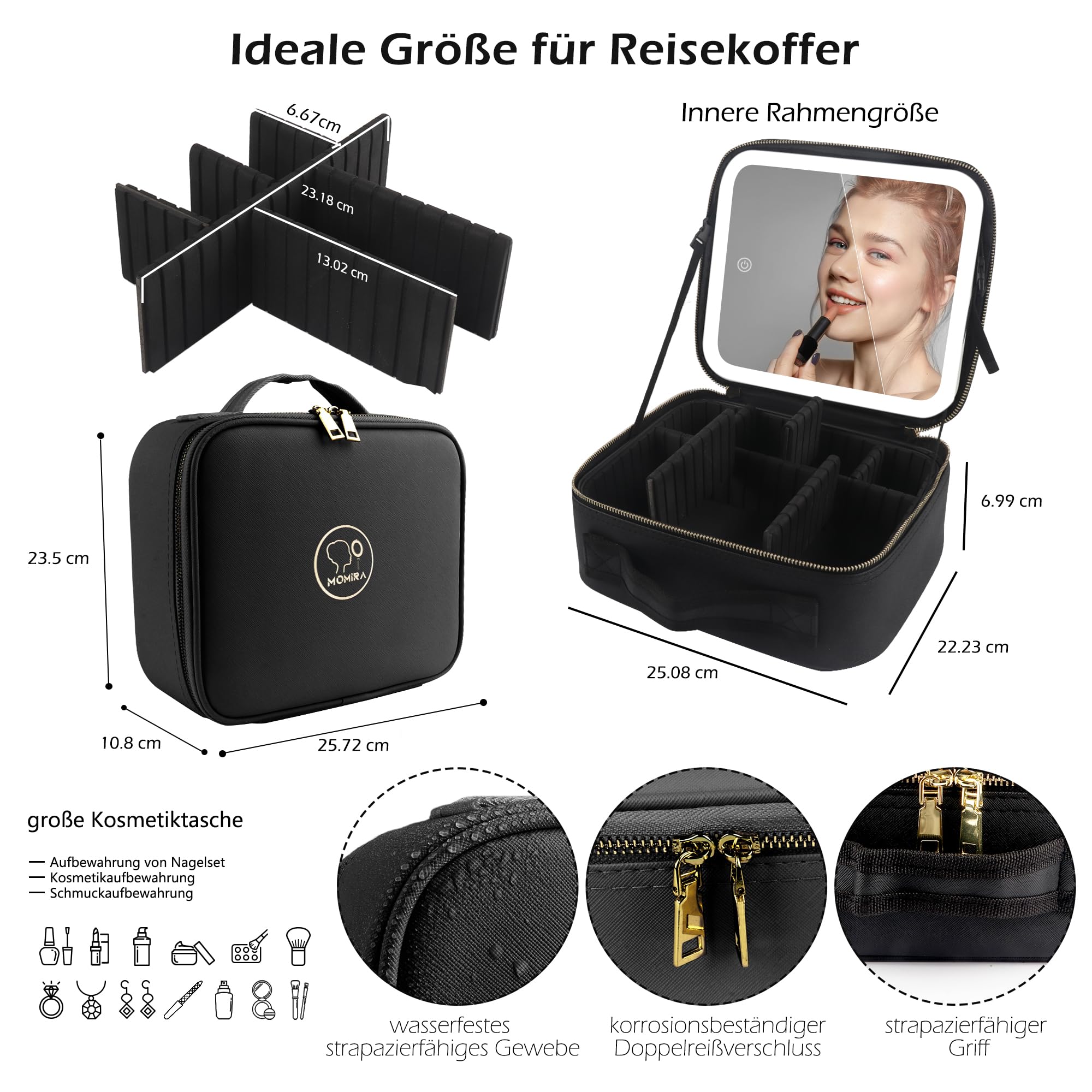MOMIRA Reise-Make-up-Tasche Kosmetiktasche mit beleuchtetem Spiegel, Einstellbarer Helligkeit in 3 Farbszenarien, wasserdichte Makeup-Trainingsbox, Geschenk für Frauen - Schwarz