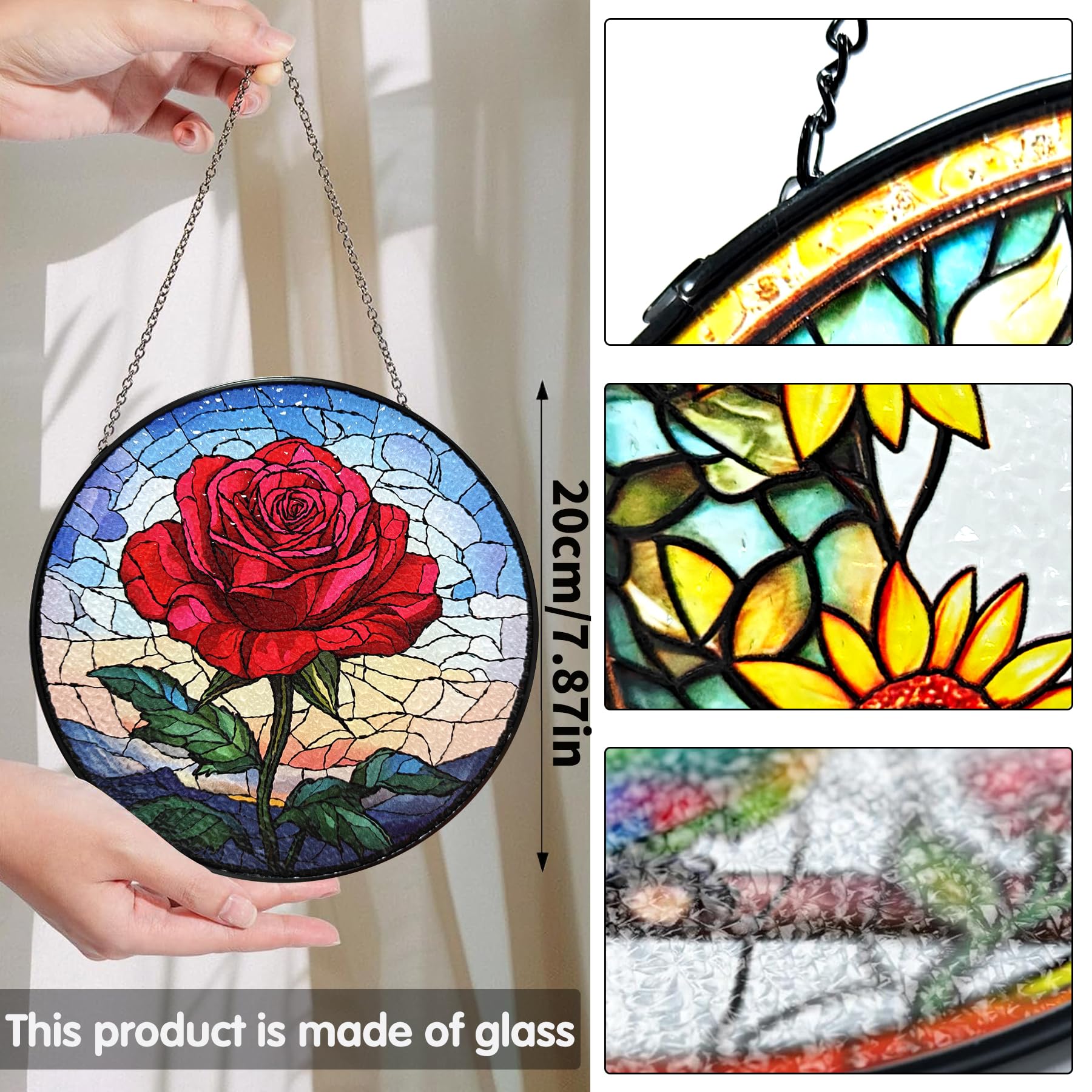 Bimkole Rose Stained Glass Suncatcher Window Hanging, Flowers Design for Indoor Window or Doorway Decoration - Image 2