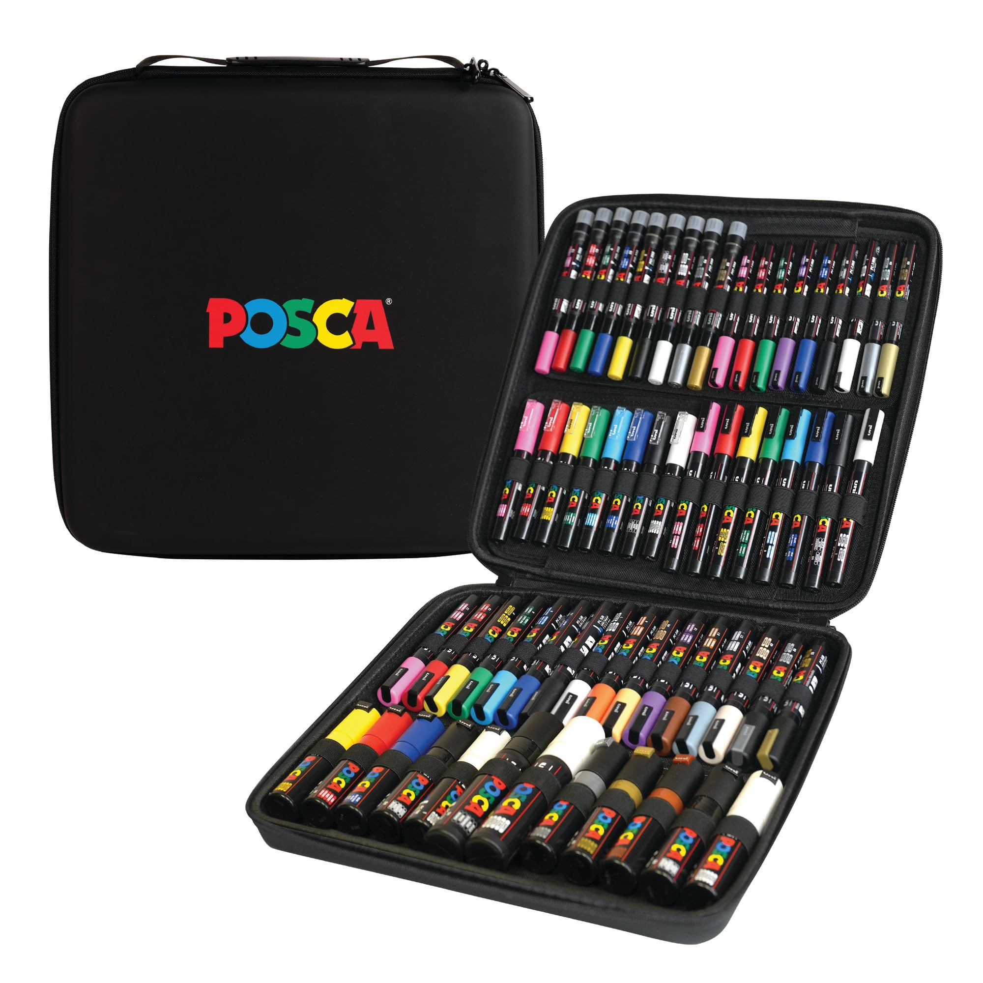Posca Exclusive Acrylic Paint Markers Gift Set of 62 with Case, Great for Kids and Adults, For Coloring Decorations, Canvas, Glass or Wood, Includes 350, 1MR, 1M, 3M, 5M, 7M, 8K, &amp; 17K