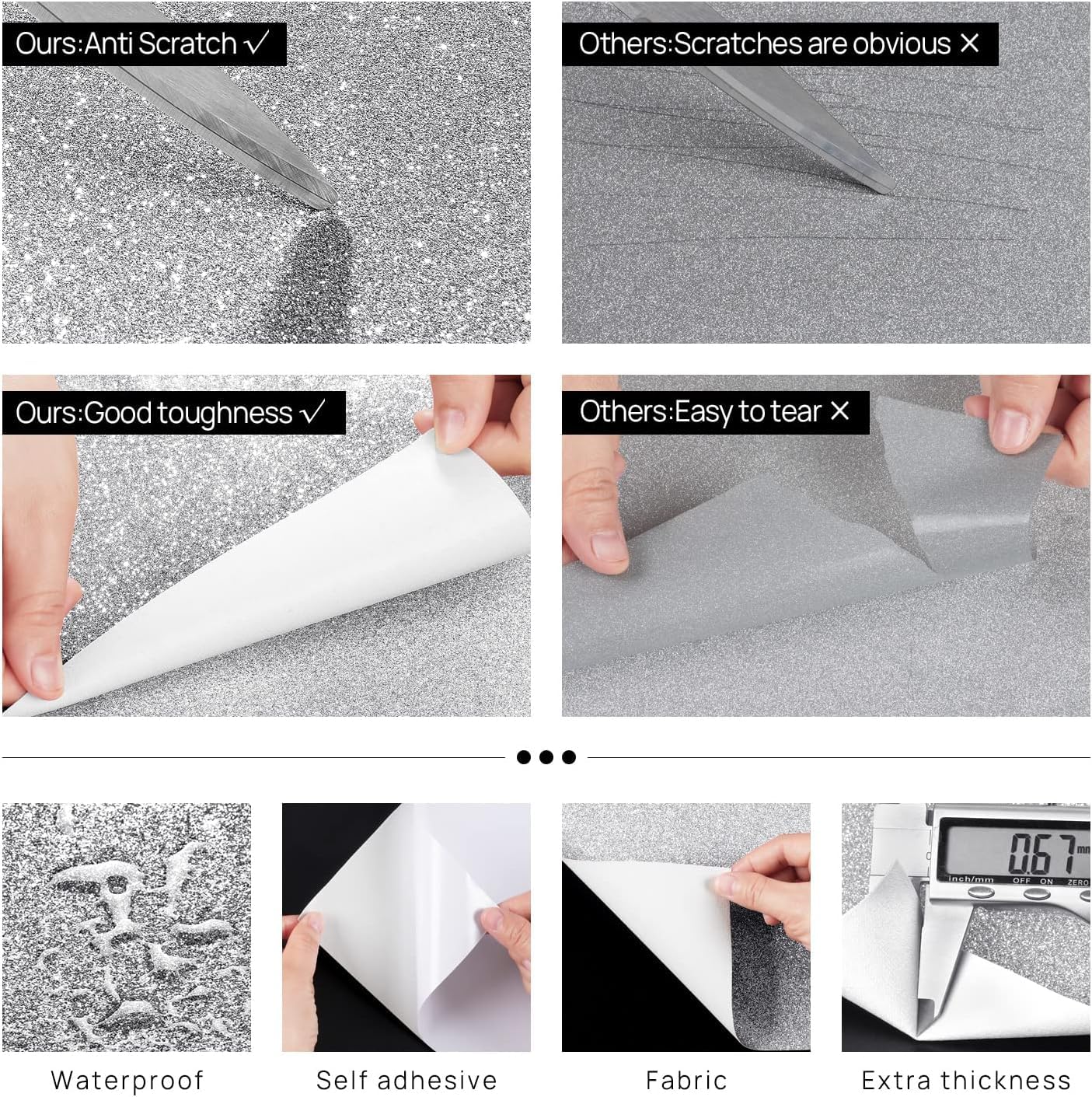 FunStick 10CM×6M Carta da Parati Adesiva Muro Argento Glitter Adesivi per Decorazioni Matrimonio Cartoncino Argento Brillantinato Carta Adesiva Glitterata Argento Impermeabile per Cassettiera Camera