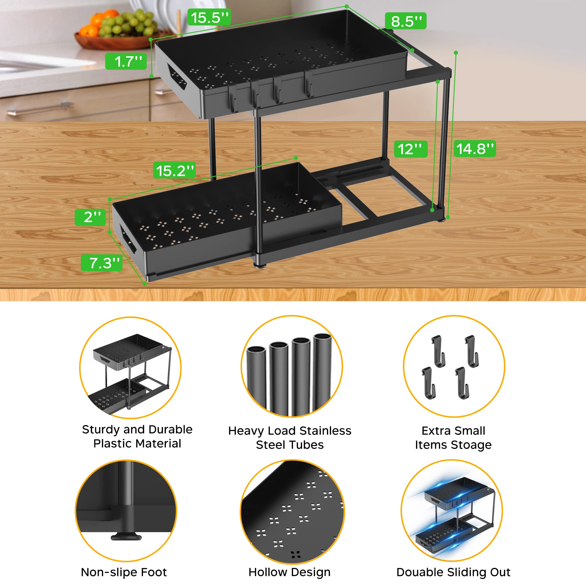 JWQ Under Sink Organizers and Storage 2 Pack, Pull-out Large Capacity Under Bathroom and Kitchen Cabinet Storage Drawer Organizer with Hooks, Multi-purpose Under Sink Shelf Organizer, Black