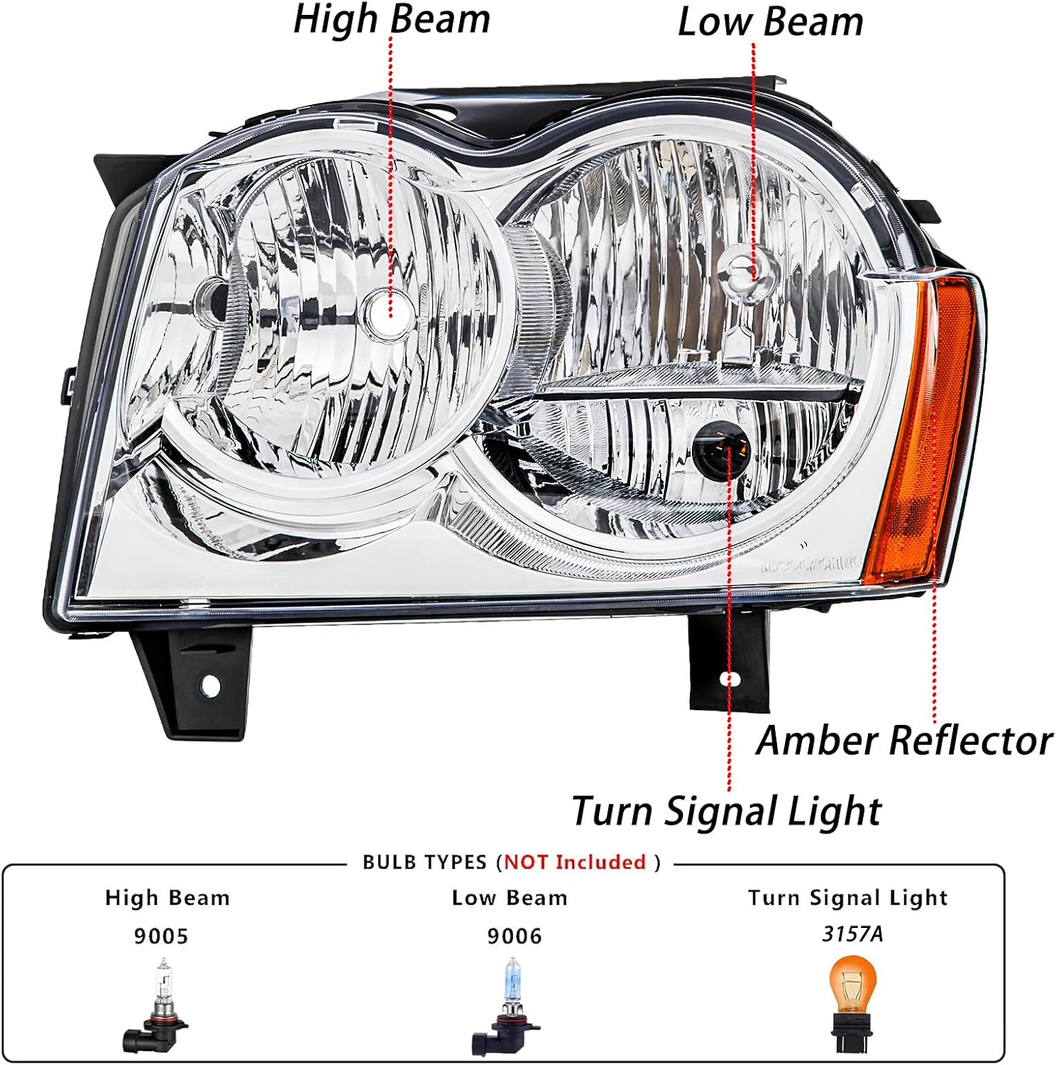 Headlights Assembly Pair for 2005 2006 2007 Jeep Grand Cherokee Laredo/Limited/Overland/SRT8 Headlamps Head Lights Replacement Driver and Passenger Side,Chrome Housing Amber Reflector