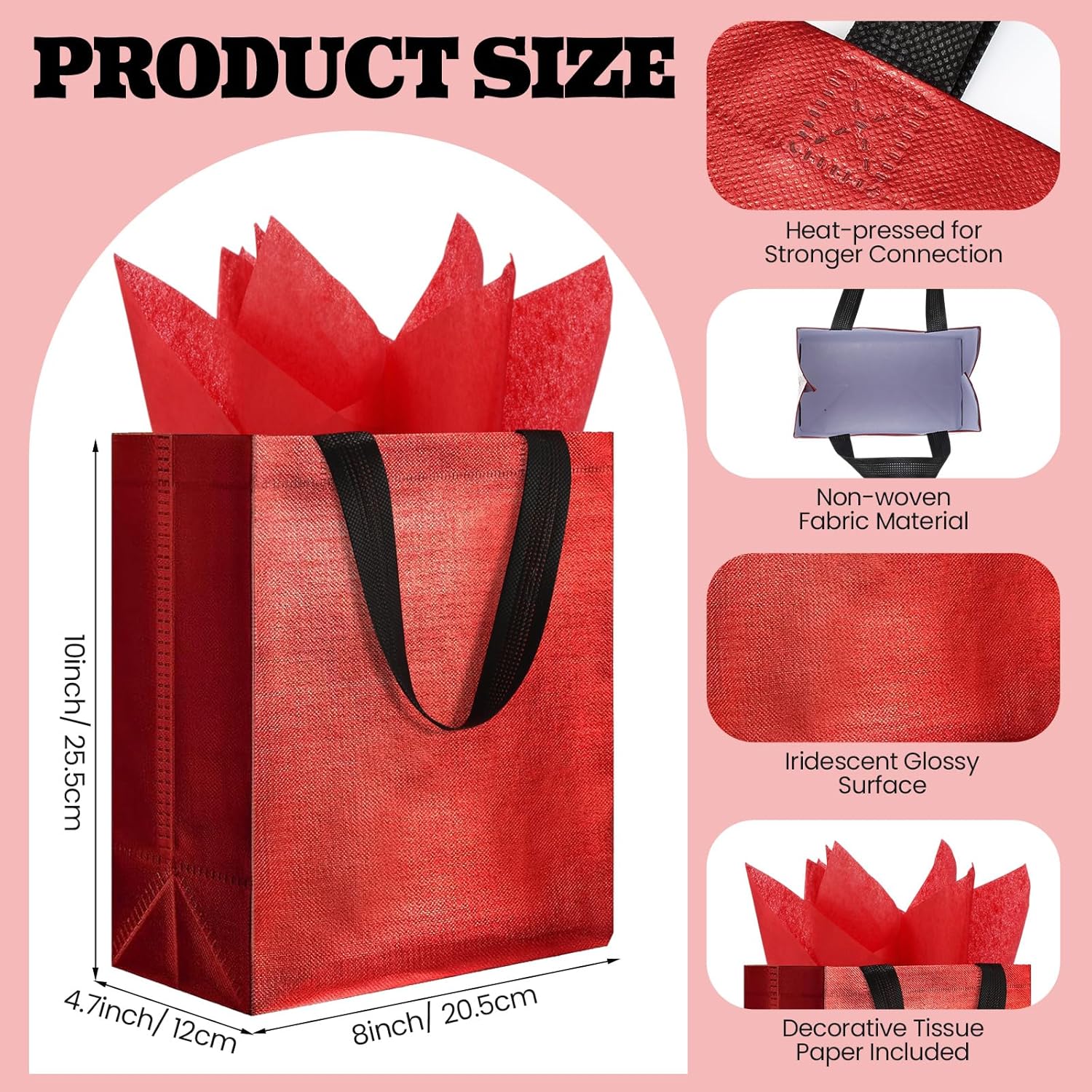 Eccliy 60 Set Reusable Gift Bags with Tissues Papers, Glossy Non Woven Tote Bags with Handles for Wedding, Spring Event, Graduation (Medium,Red)