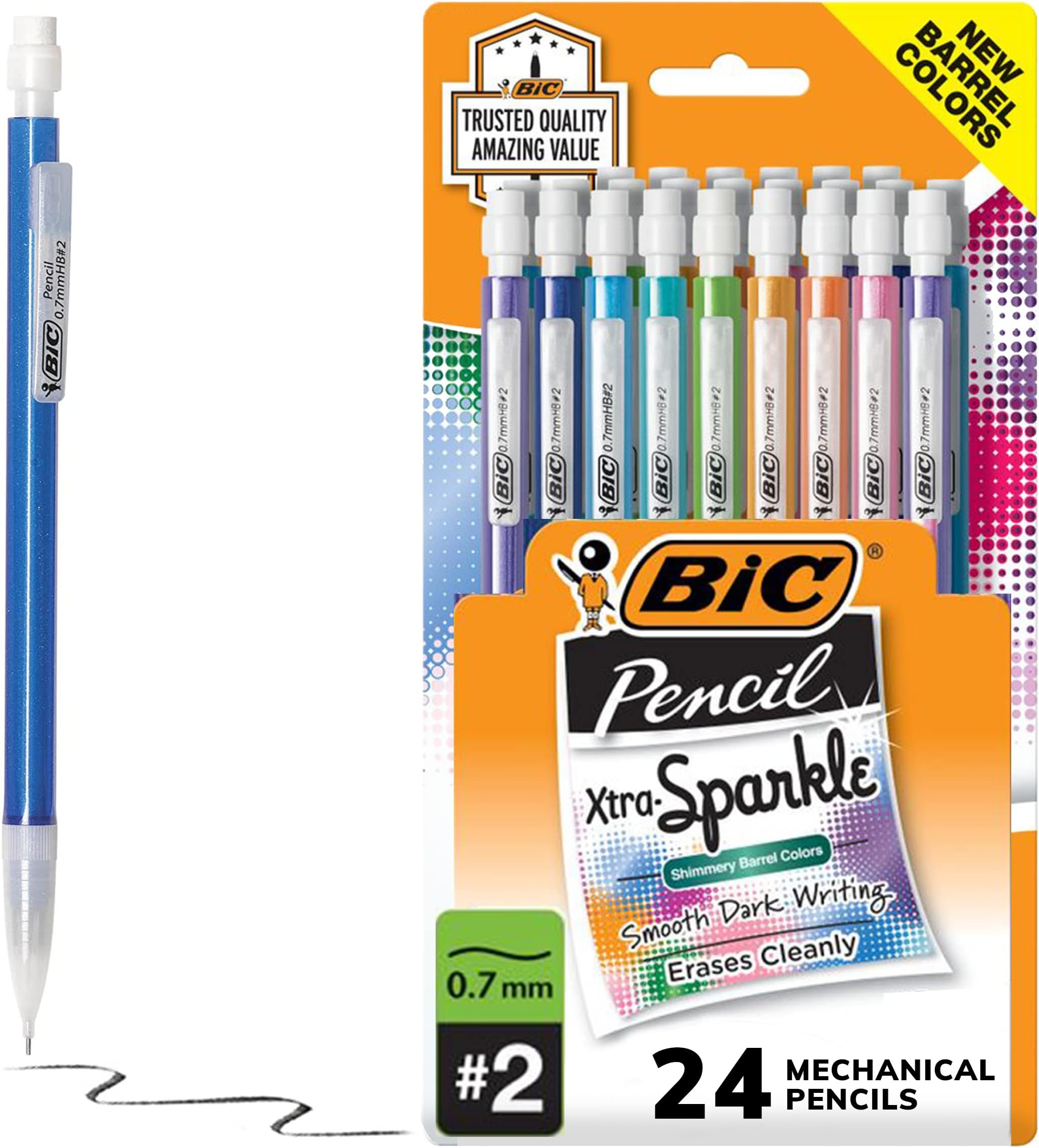 BIC Xtra-Sparkle Number 2 Mechanical Pencils With Erasers, Medium Point (0.7mm), 24-Count Pack, Cute Mechanical Pencils For Girls, Boys and Adults (MPLP241-BLK)